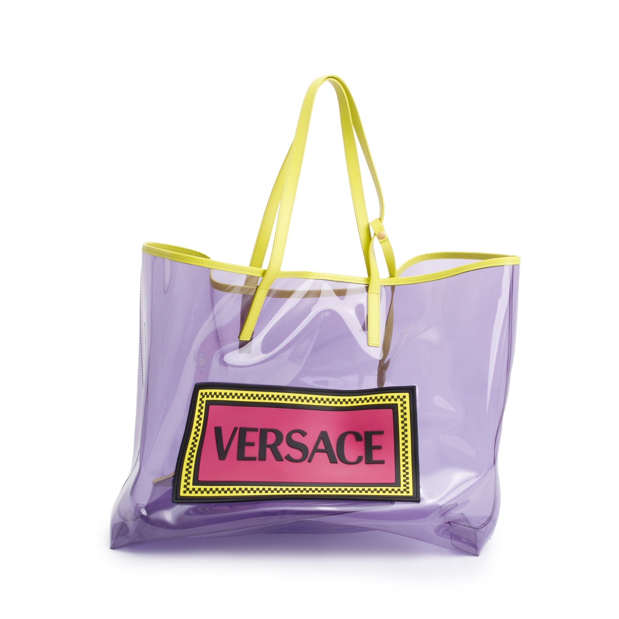 Versace Purple Vinyl Green Calfskin Logo Tote Bag w/ Pouch