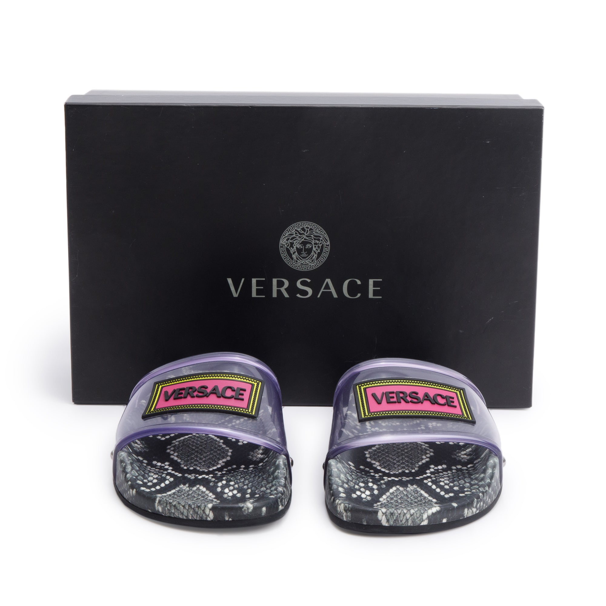 Versace Python Print Purple Transparent Rubber Slides, Size 37.5 w/ Box