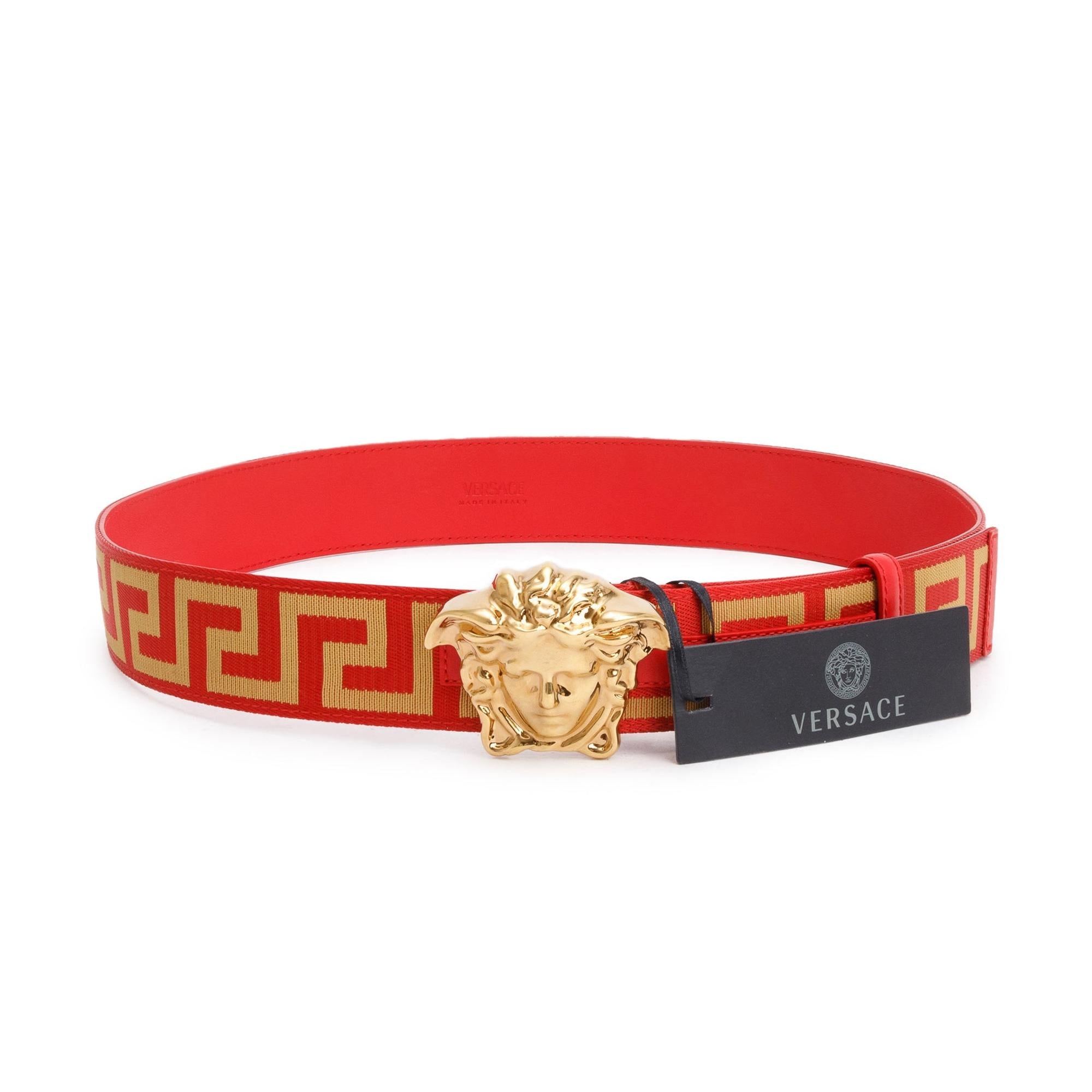 Versace Red Beige Canvas Leather First Line La Medusa Belt 90 36