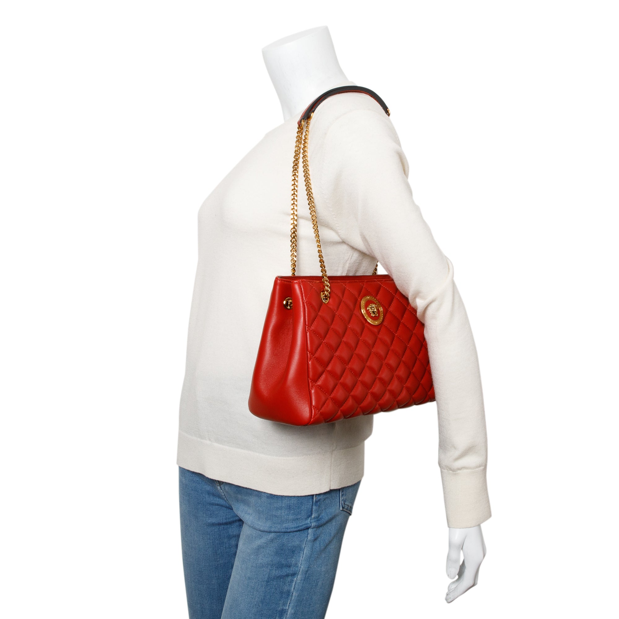 Versace Red Quilted Calfskin Leather Small La Medusa Tote Bag