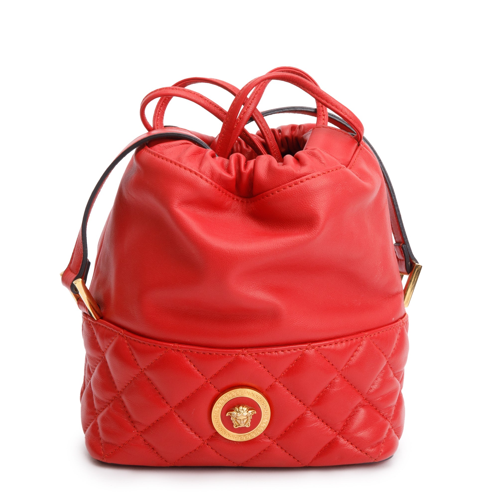 Versace Red Quilted Nappa Leather Small Medusa Drawstring Bucket Bag