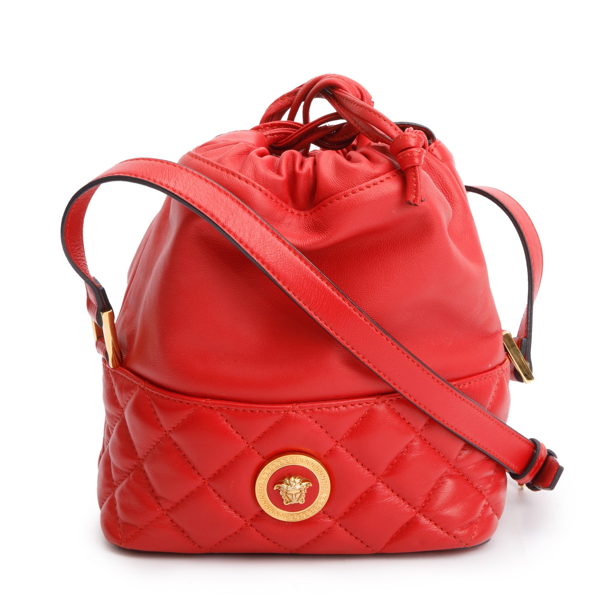 Versace Red Quilted Nappa Leather Small Medusa Drawstring Bucket Bag