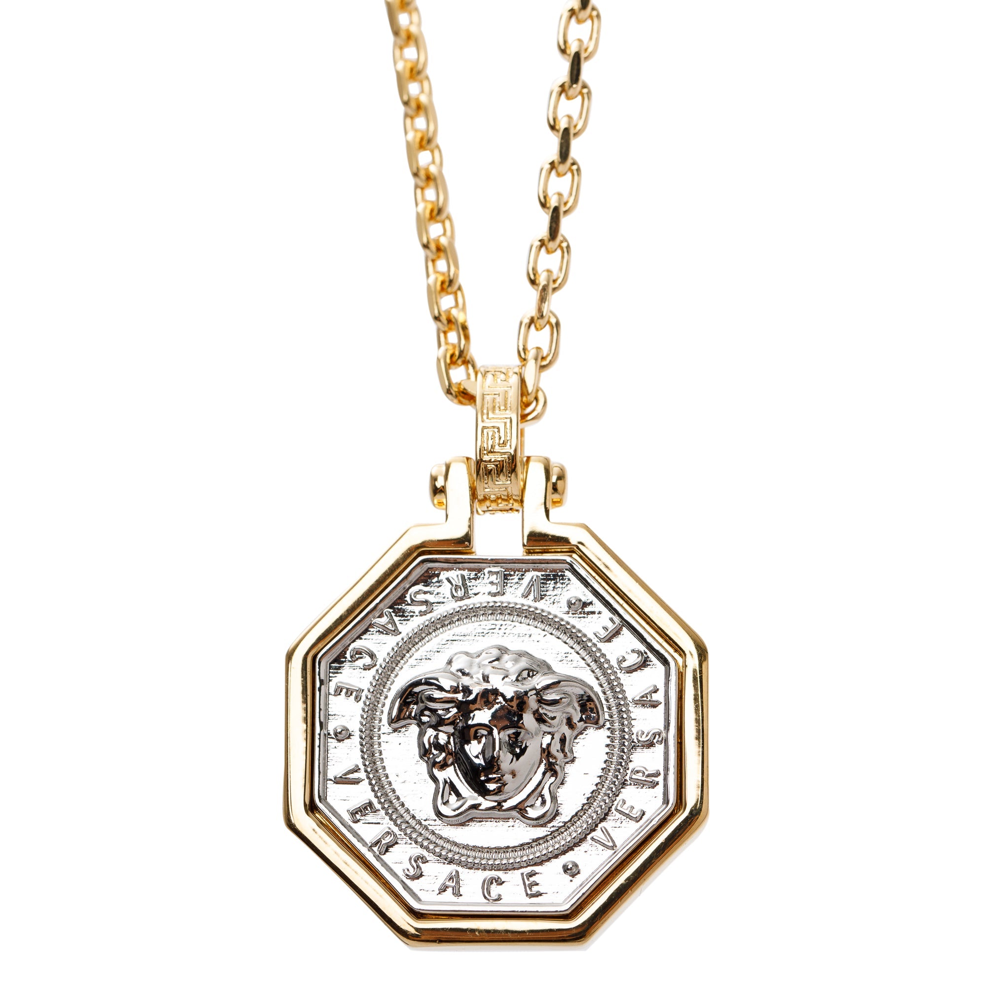 Versace Silver & Gold Plated Octagon Medusa Pendant Necklace