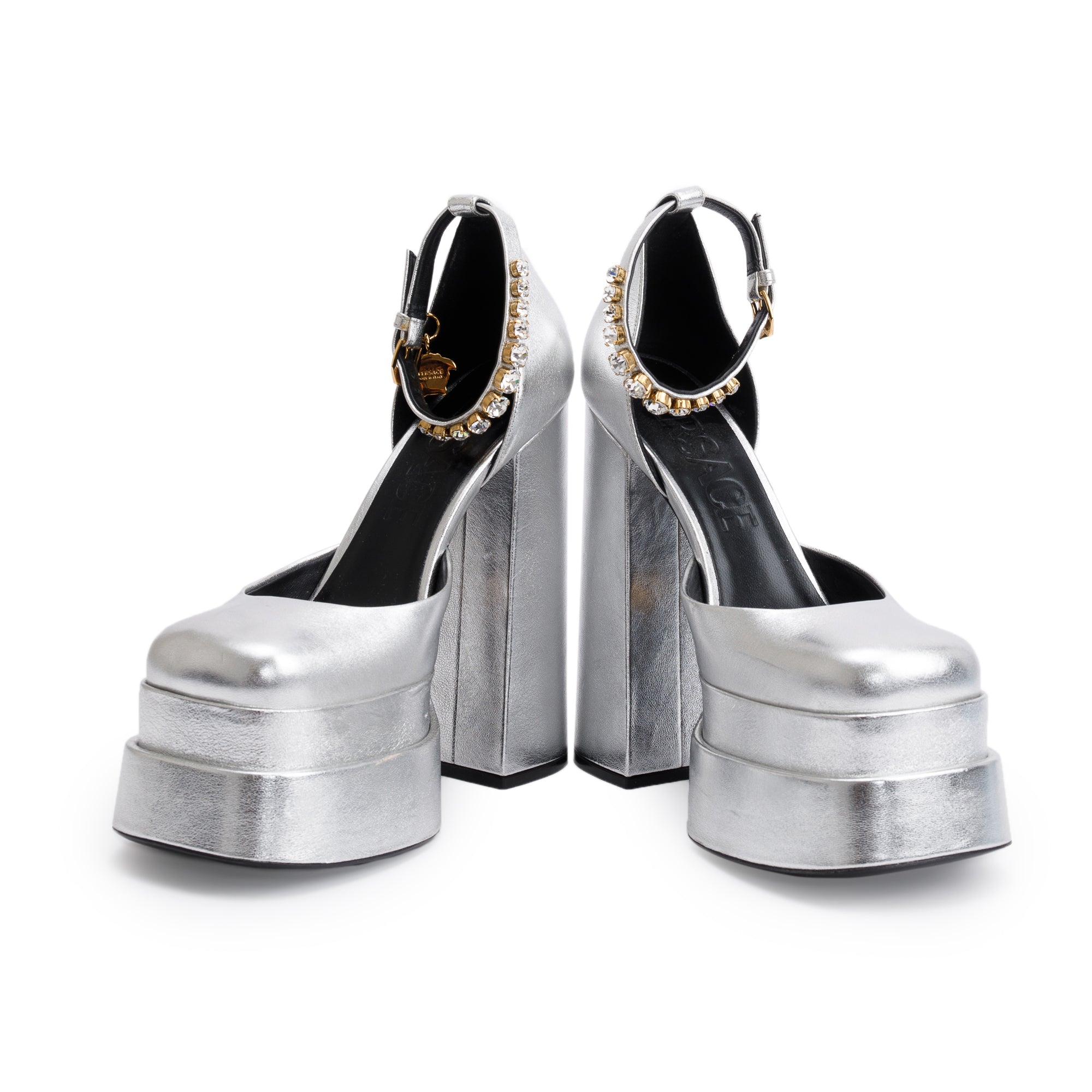 Versace Silver Metallic Leather Medusa Aevitas Platform Pumps, Size 39 w/ Box