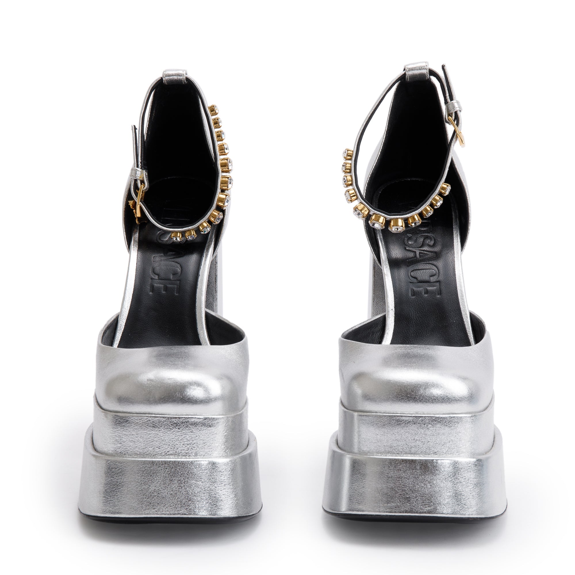 Versace Silver Metallic Leather Medusa Aevitas Platform Pumps, Size 39 w/ Box