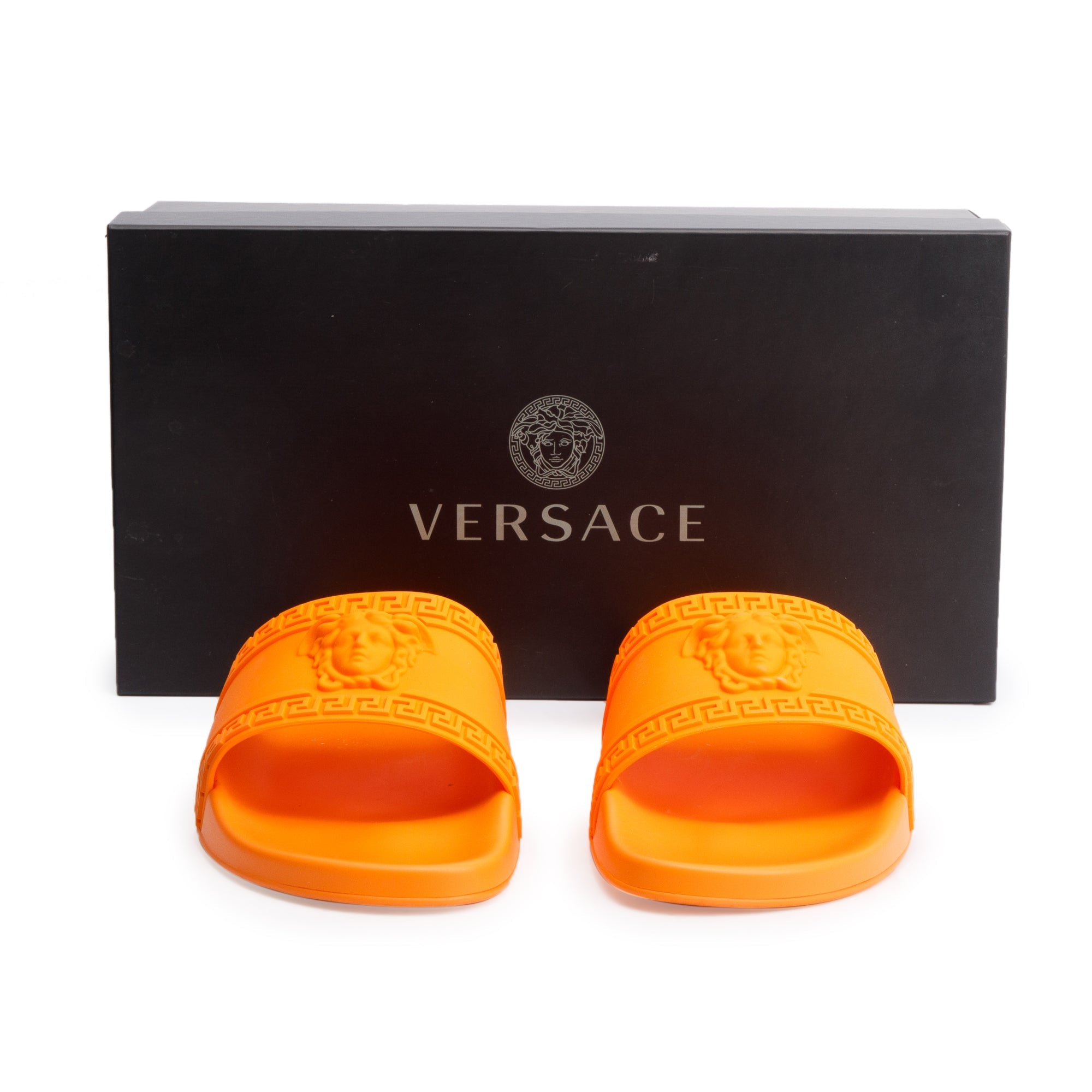 Versace Tangerine Rubber Palazzo Pool Slides, Size 45 w/ Box & Authenticity Card