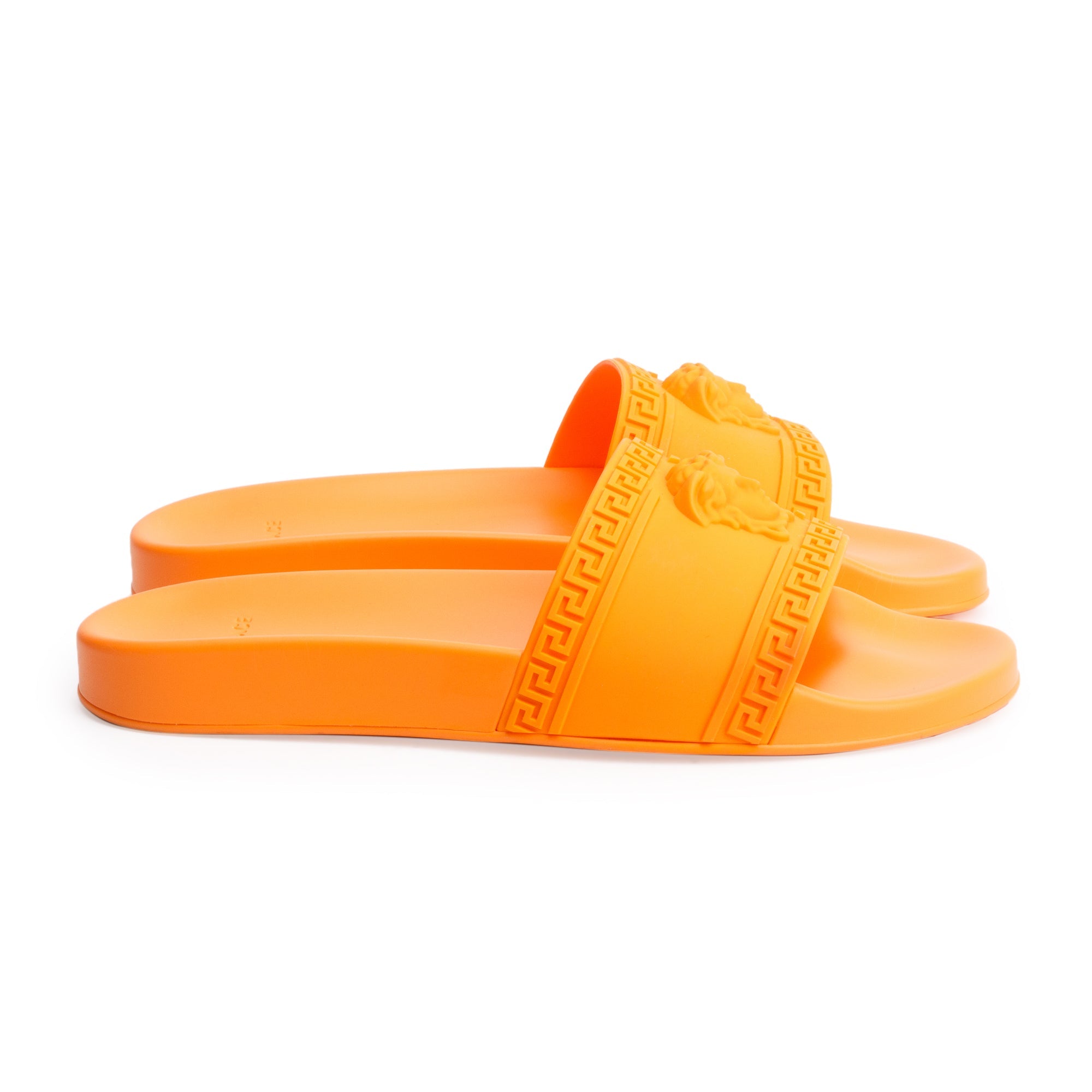 Versace Tangerine Rubber Palazzo Pool Slides, Size 45 w/ Box & Authenticity Card