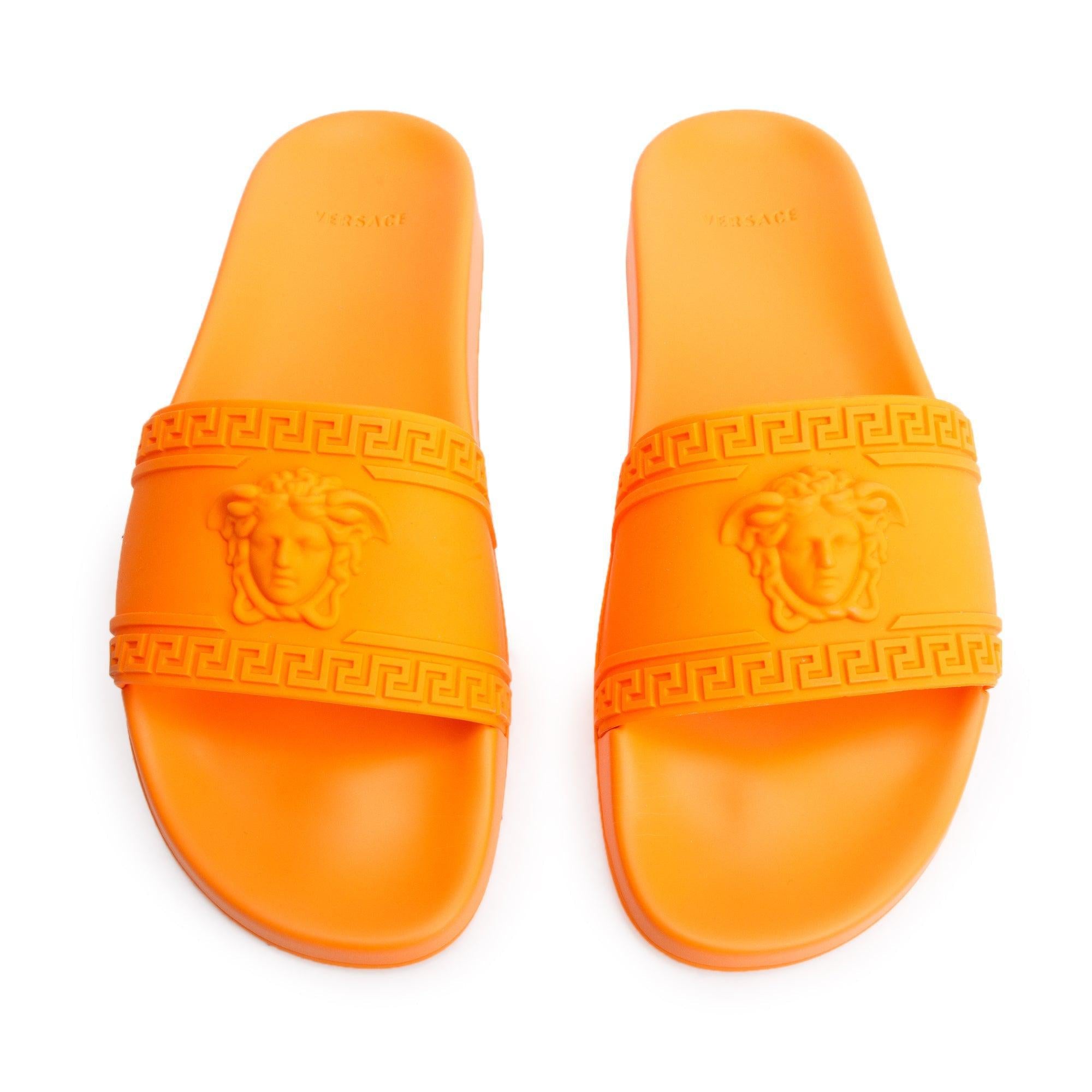 Versace Tangerine Rubber Palazzo Pool Slides, Size 45 w/ Box & Authenticity Card