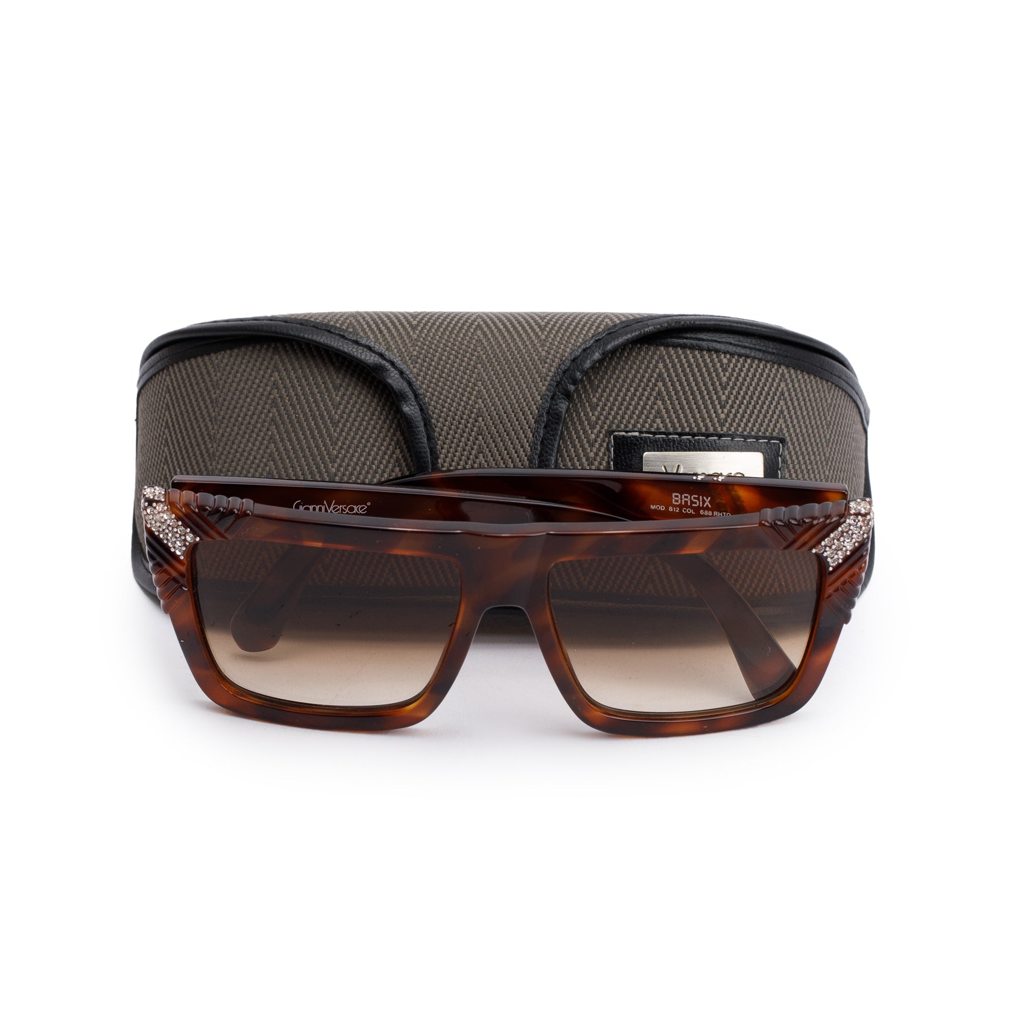 Versace Vintage Havana Acetate Crystal Basix 812 Wayfarer Sunglasses w/ Case