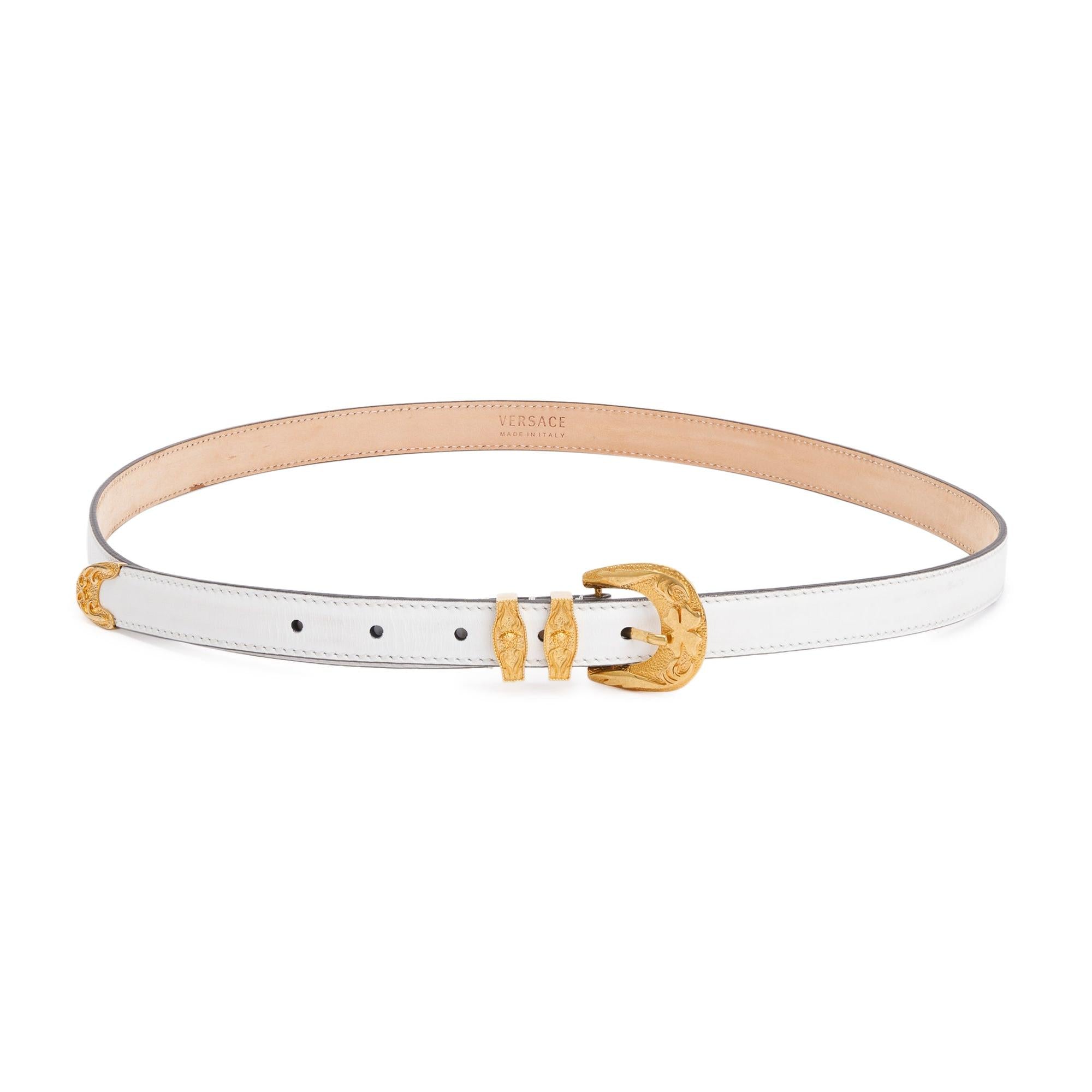 Versace White Calfskin Leather Barocco Medusa Buckle Leather Belt 105 42