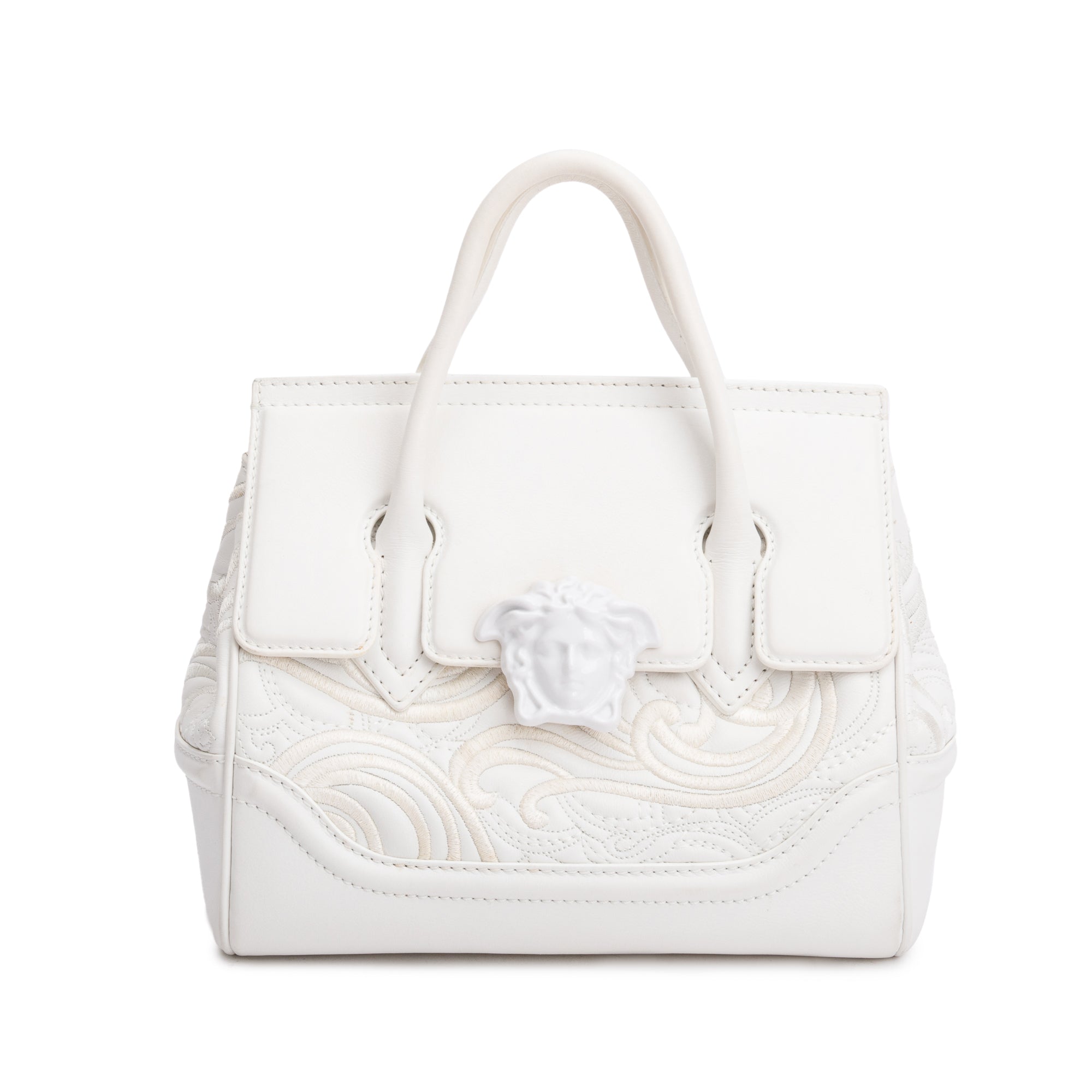 Versace White Embroidered Calfskin Leather Medium Palazzo Empire Tote Bag w/ Strap