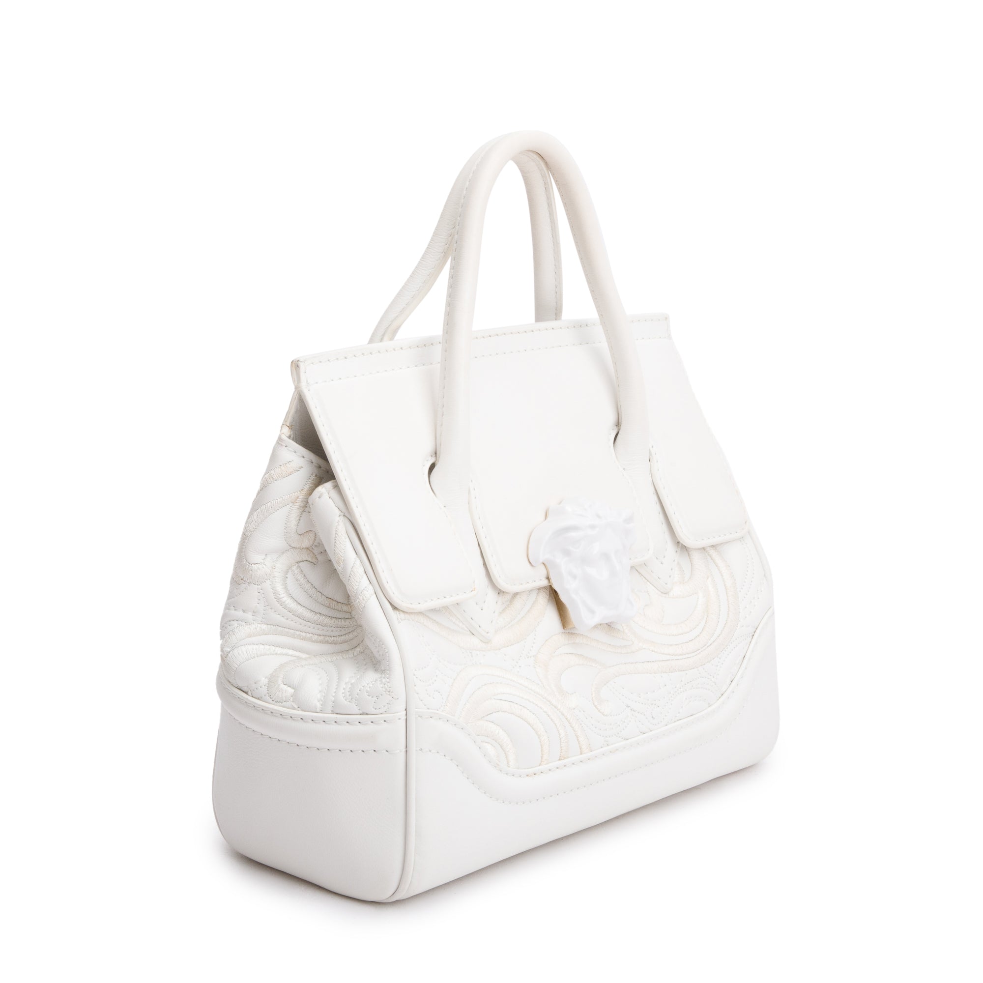 Versace White Embroidered Calfskin Leather Medium Palazzo Empire Tote Bag w/ Strap