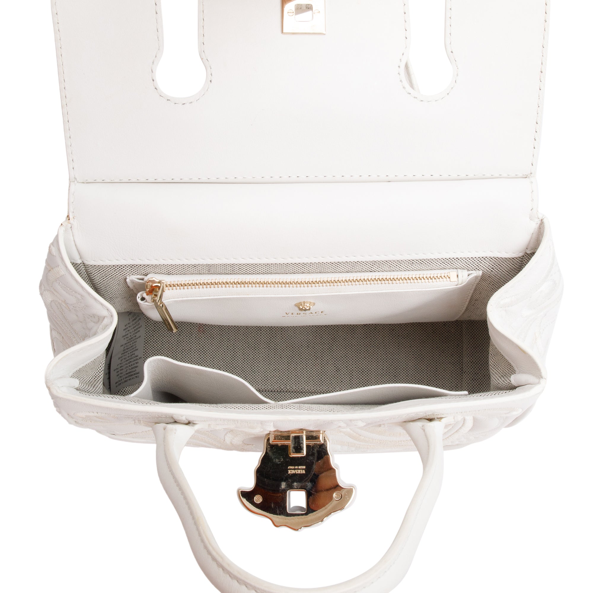 Versace White Embroidered Calfskin Leather Medium Palazzo Empire Tote Bag w/ Strap