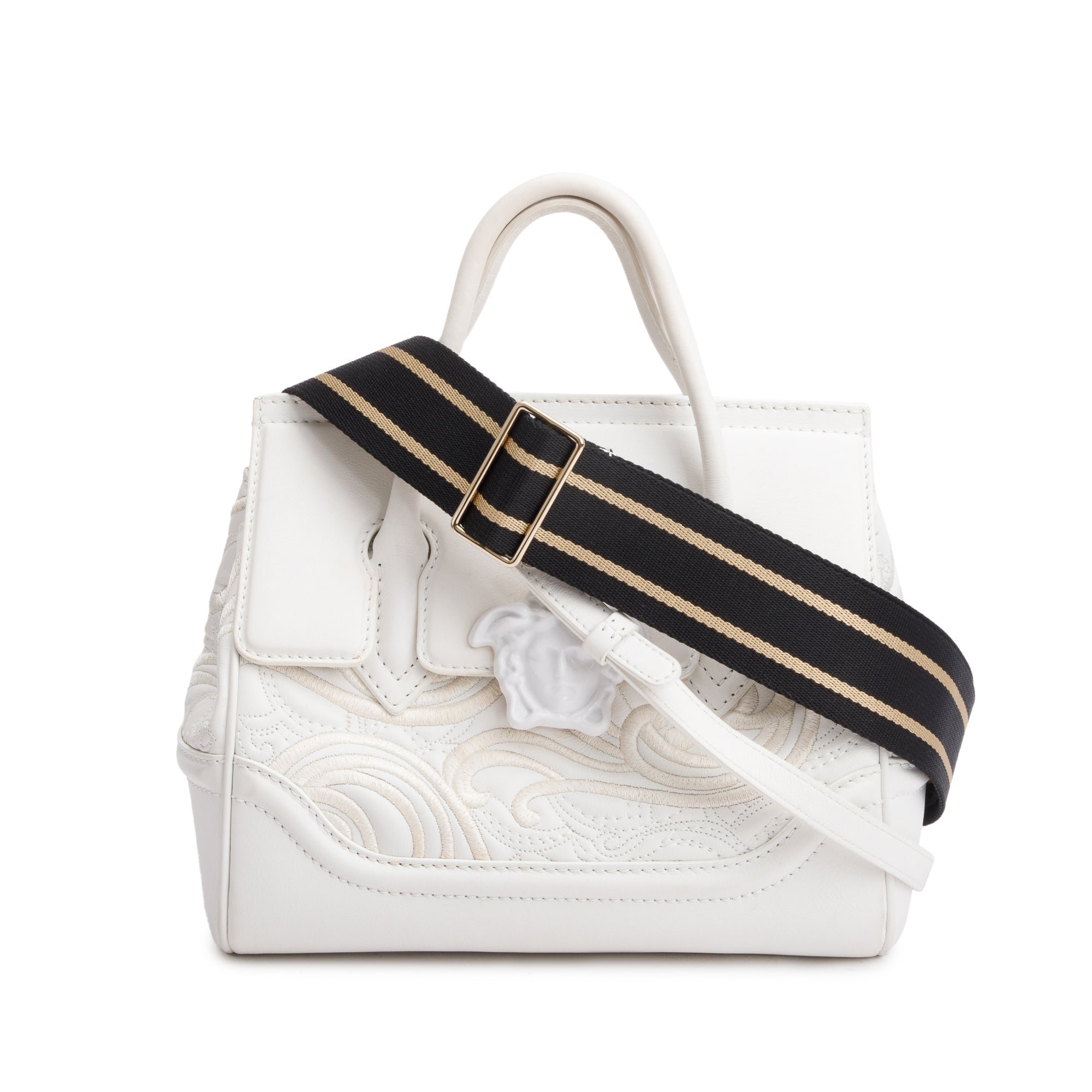Versace White Embroidered Calfskin Leather Medium Palazzo Empire Tote Bag w/ Strap