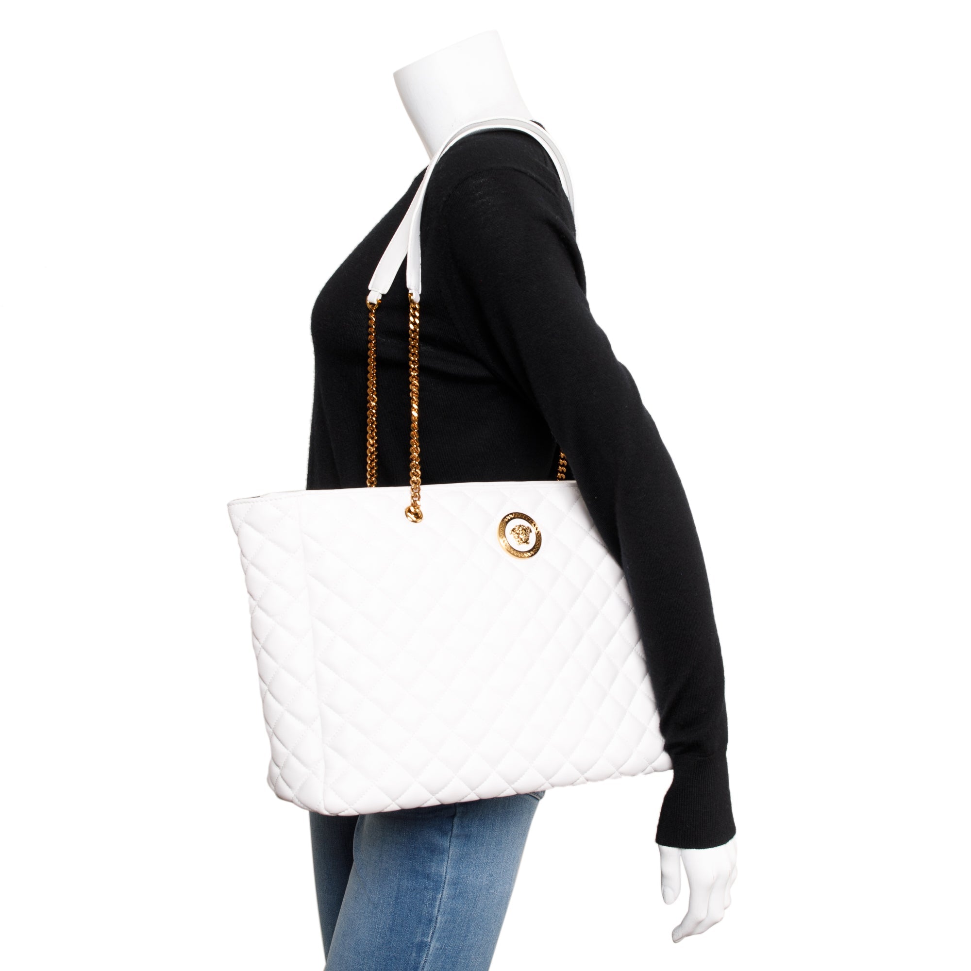 Versace White Quilted Calfskin Leather La Medusa Tote Bag