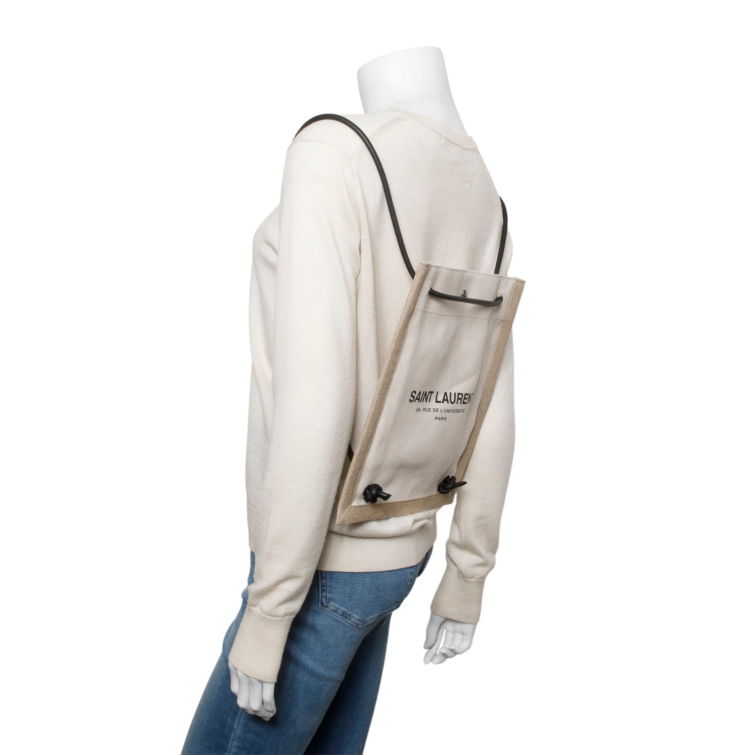 Saint Laurent 2023 Beige Linen Calfskin Rive Gauche Drawstring Backpack