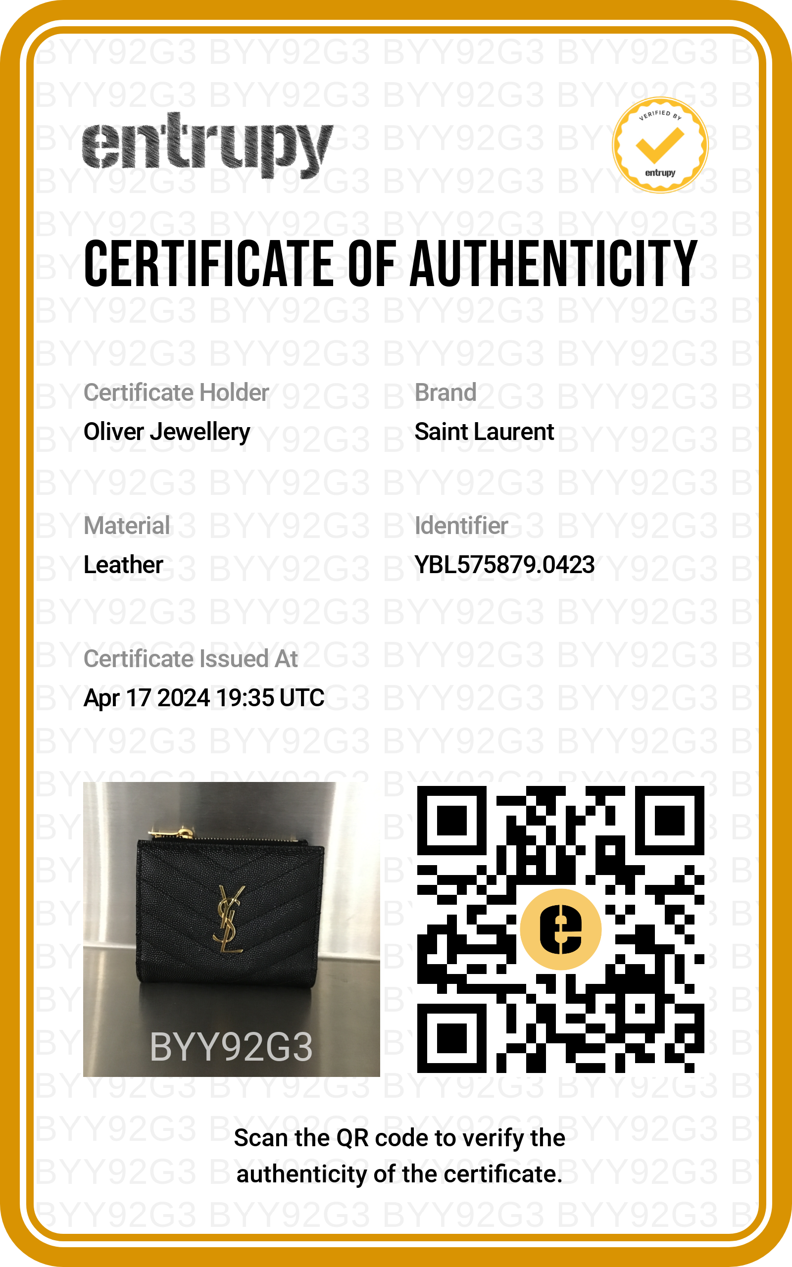 Saint Laurent 2023 Black Grain de Poudre Leather Cassandre Matelasse Bi-Fold Wallet w/ Box