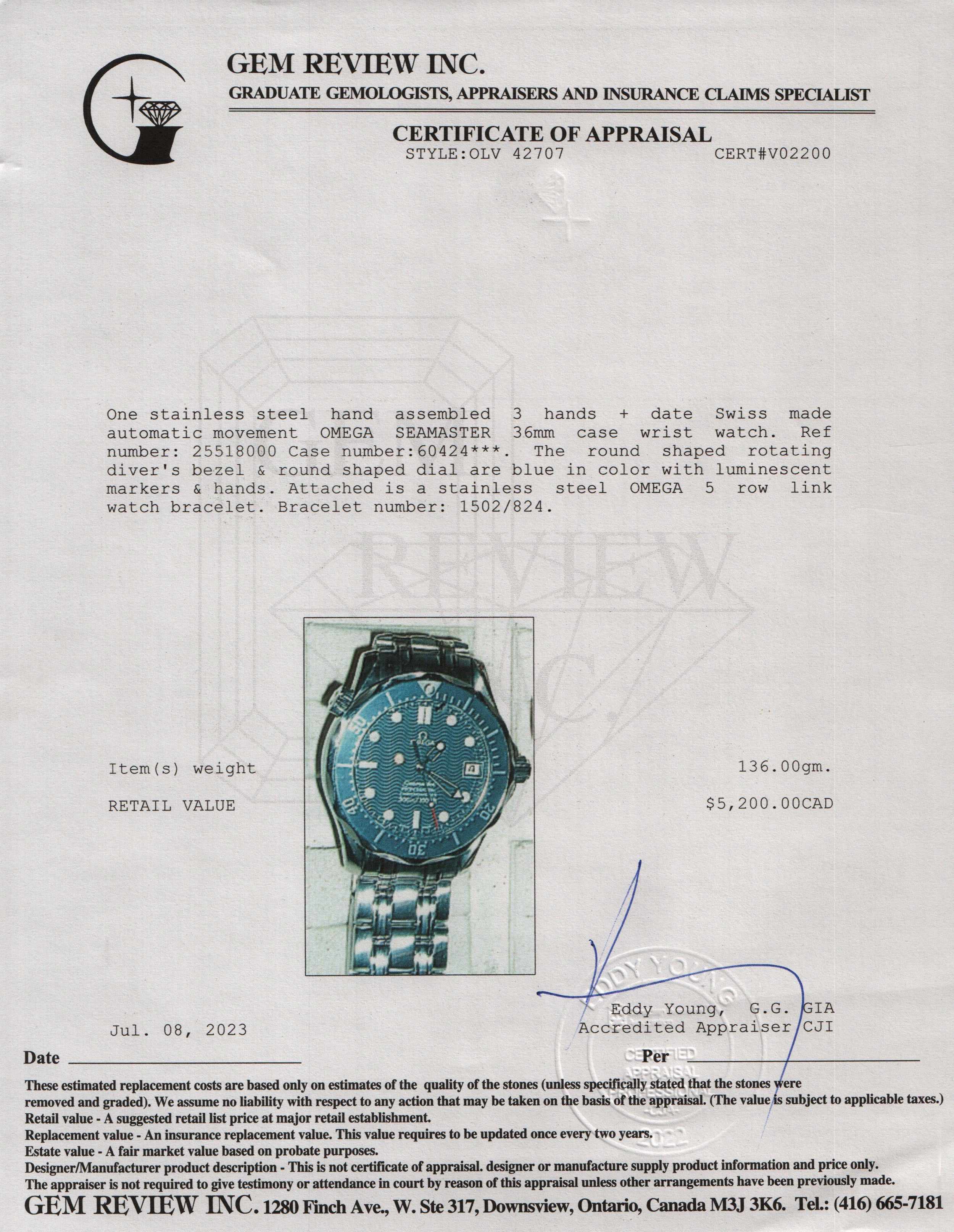 Omega Seamaster 300M Chronometer 36 MM Automatic Watch w/ Box & Papers