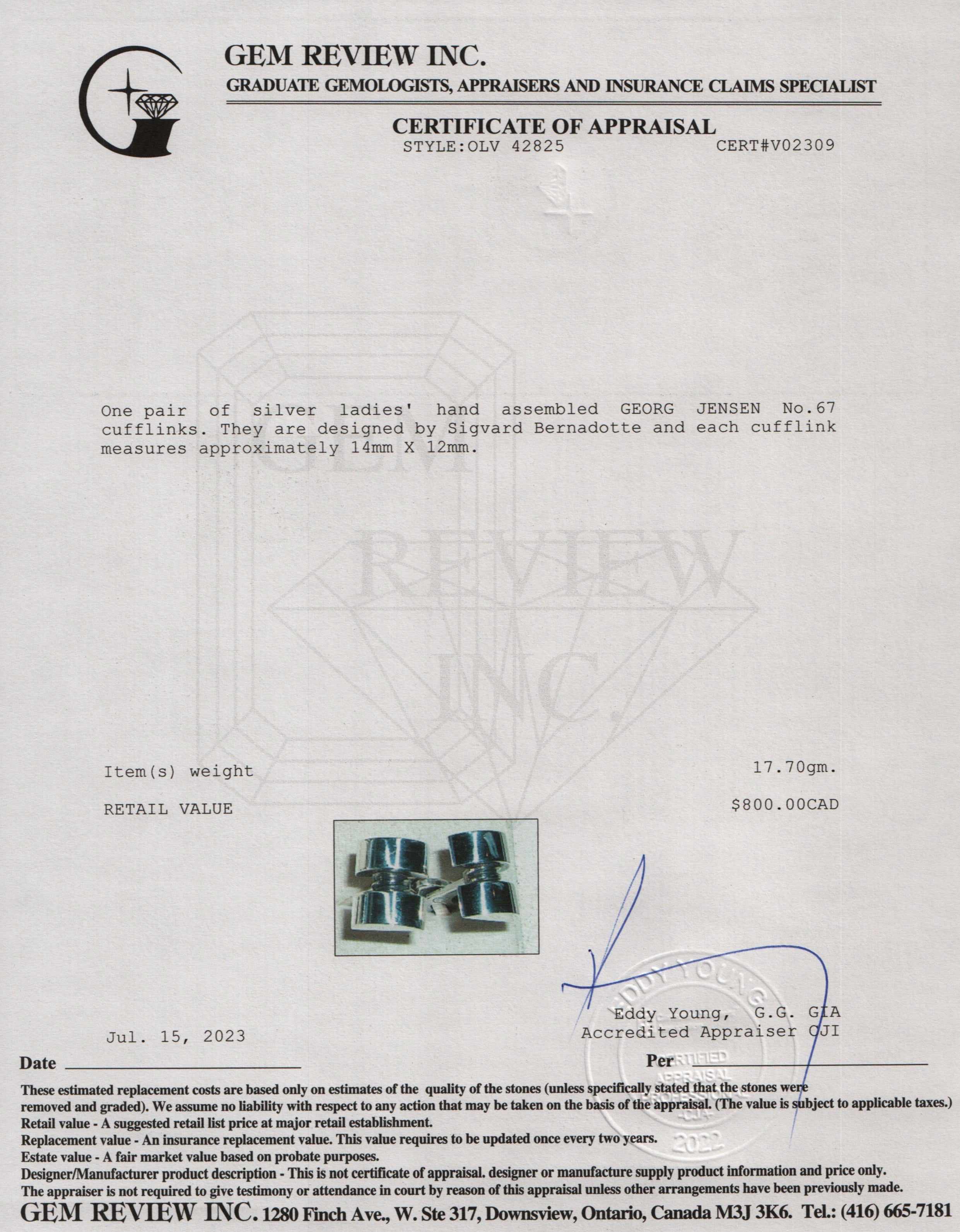 Georg Jensen Sterling Silver No. 67 Cufflinks by Sigvard Bernadotte