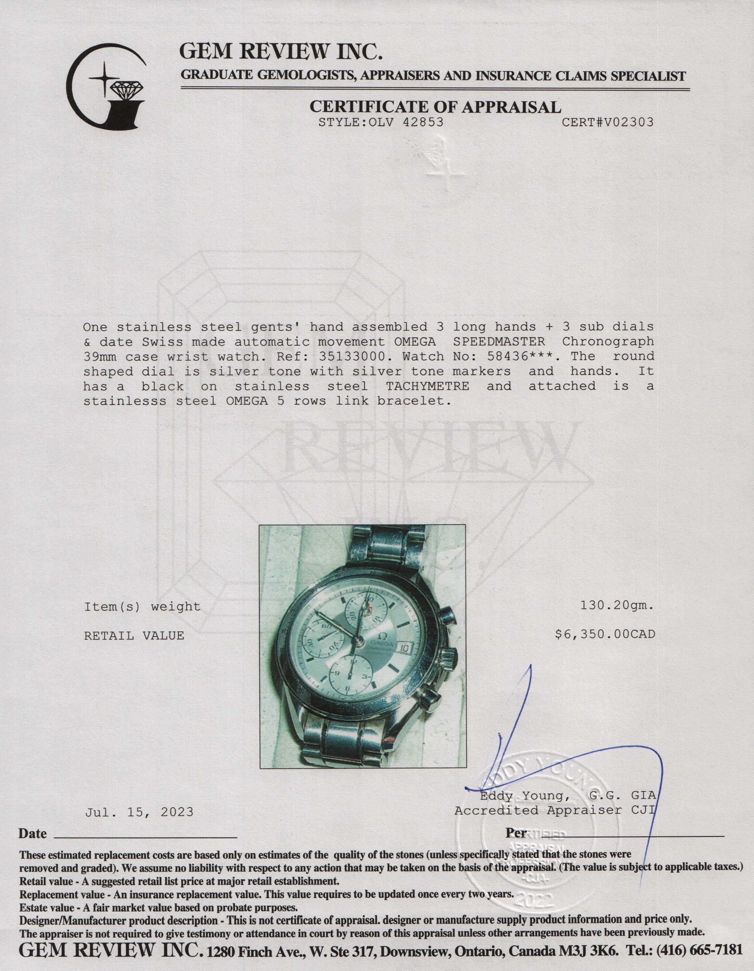 Omega Speedmaster Date 39 MM Automatic Chronograph Watch w/ Box & Papers