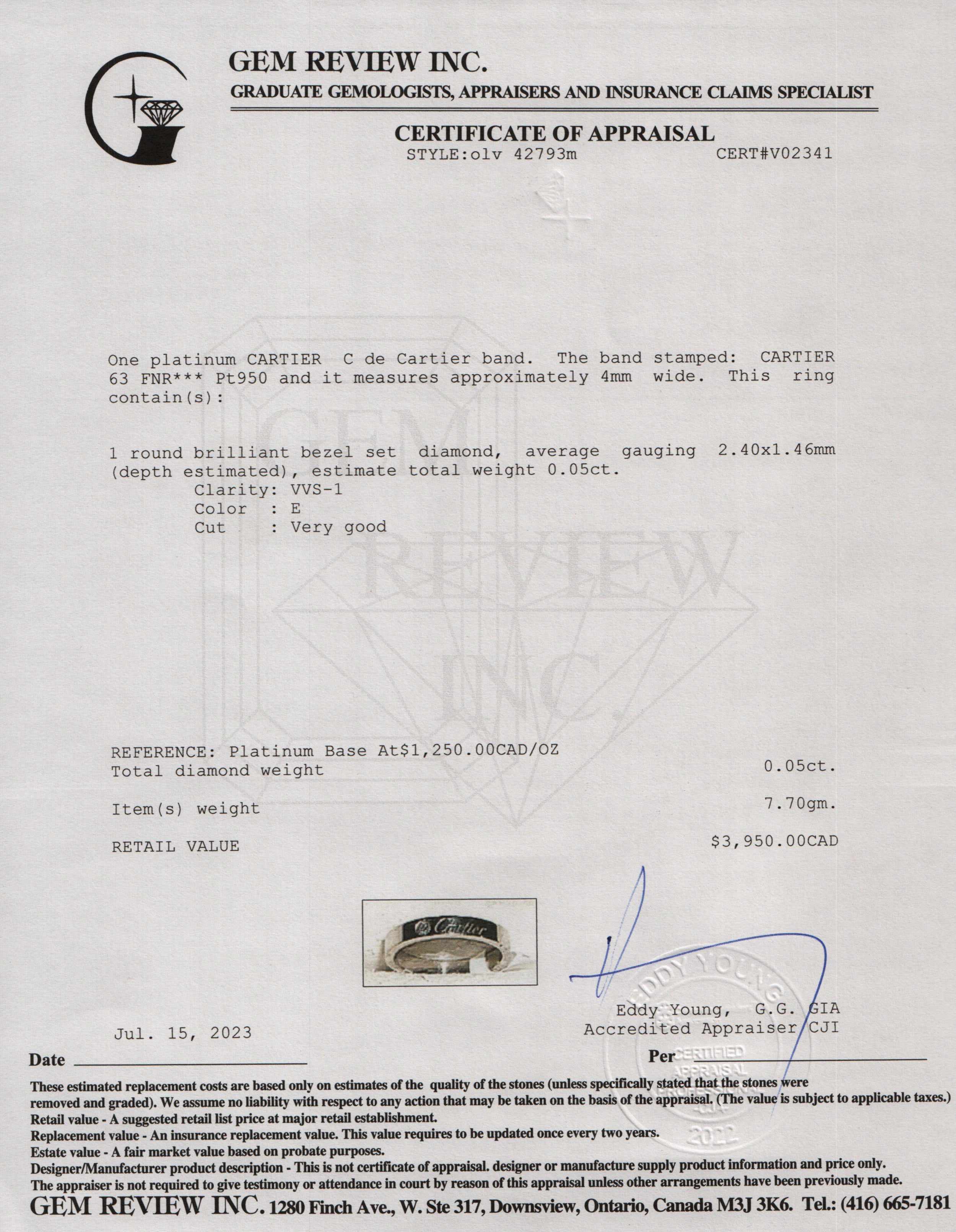 Cartier Platinum C de Cartier Diamond Wedding Band Ring w/ Box