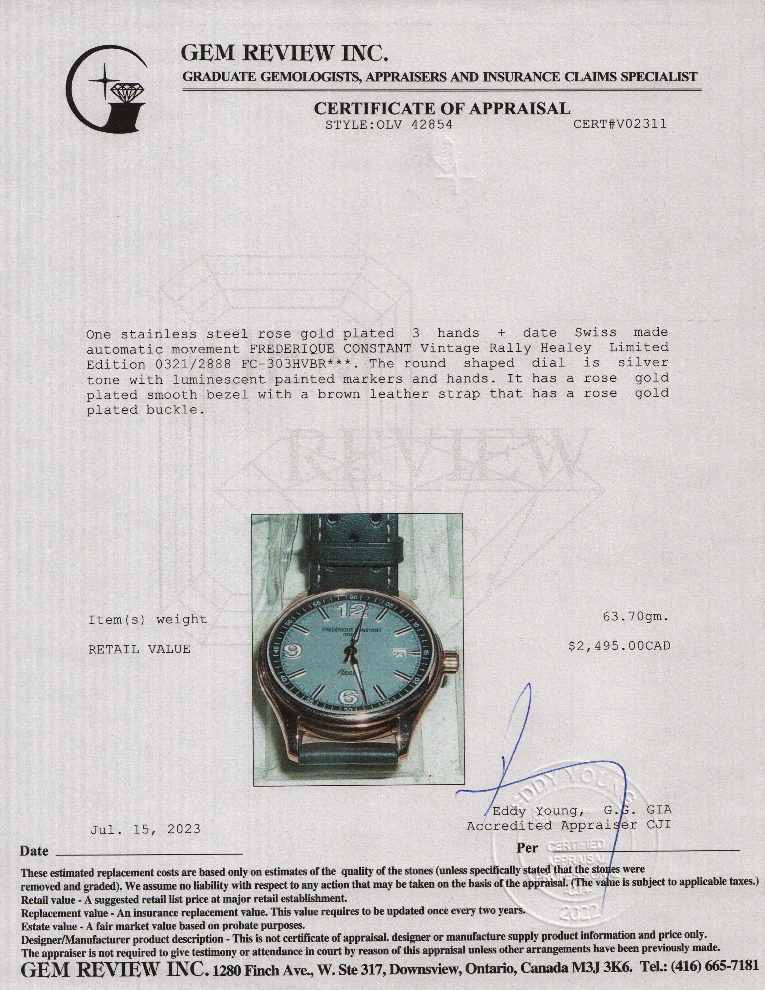 Frederique Constant Vintage Rally Healy 40MM Automatic Watch w/ Box & Paper