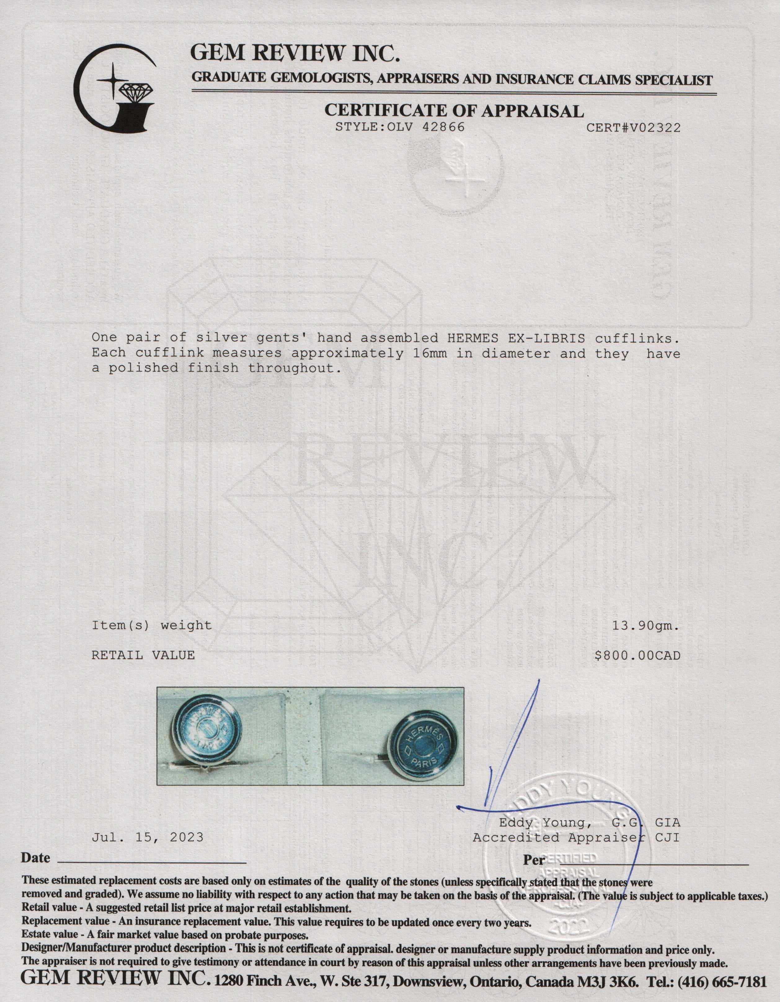 Hermes Sterling Silver Ex-Libris Cufflinks w/ Box