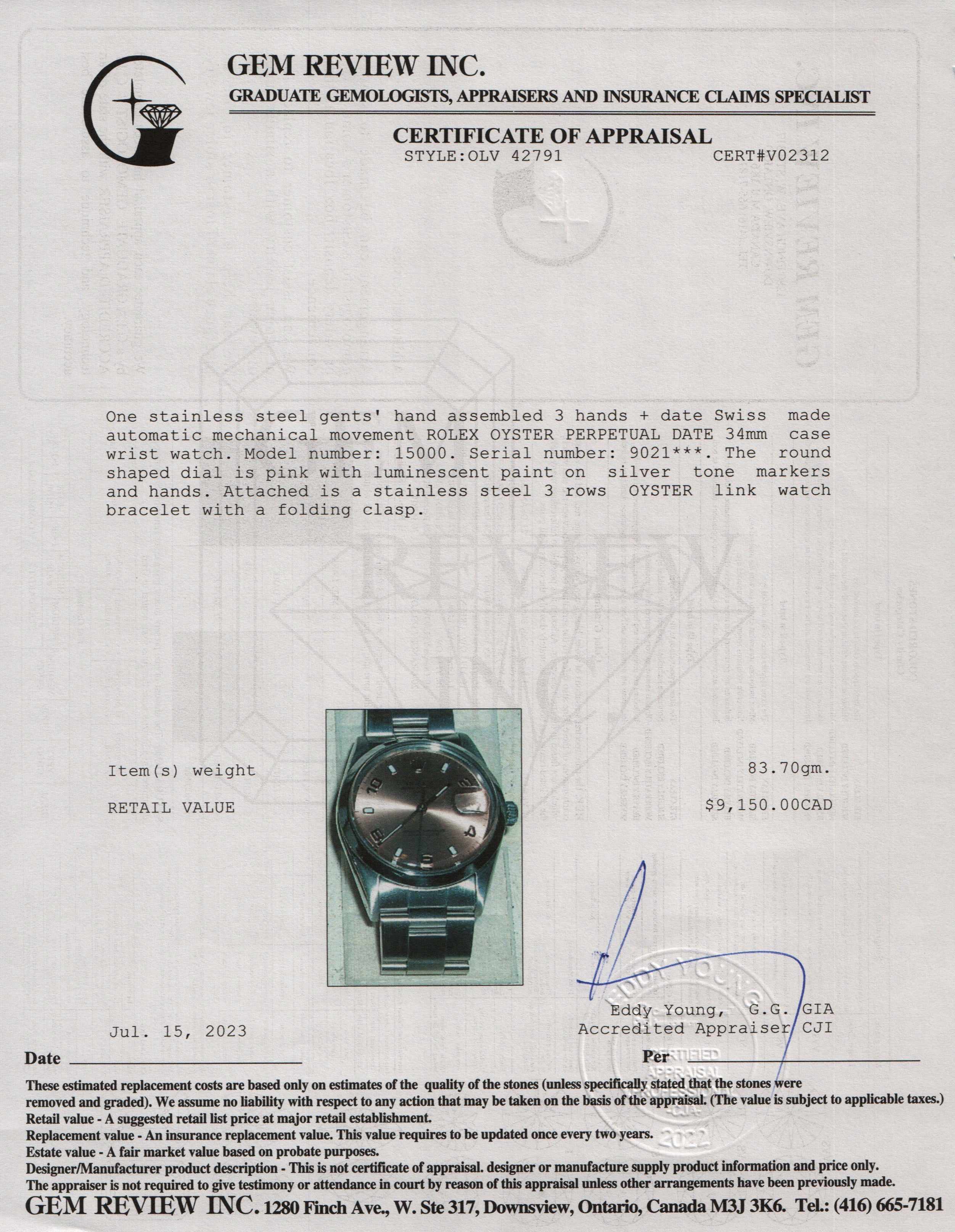 Rolex Oyster Perpetual Date 34 MM Watch w/ Service Paper