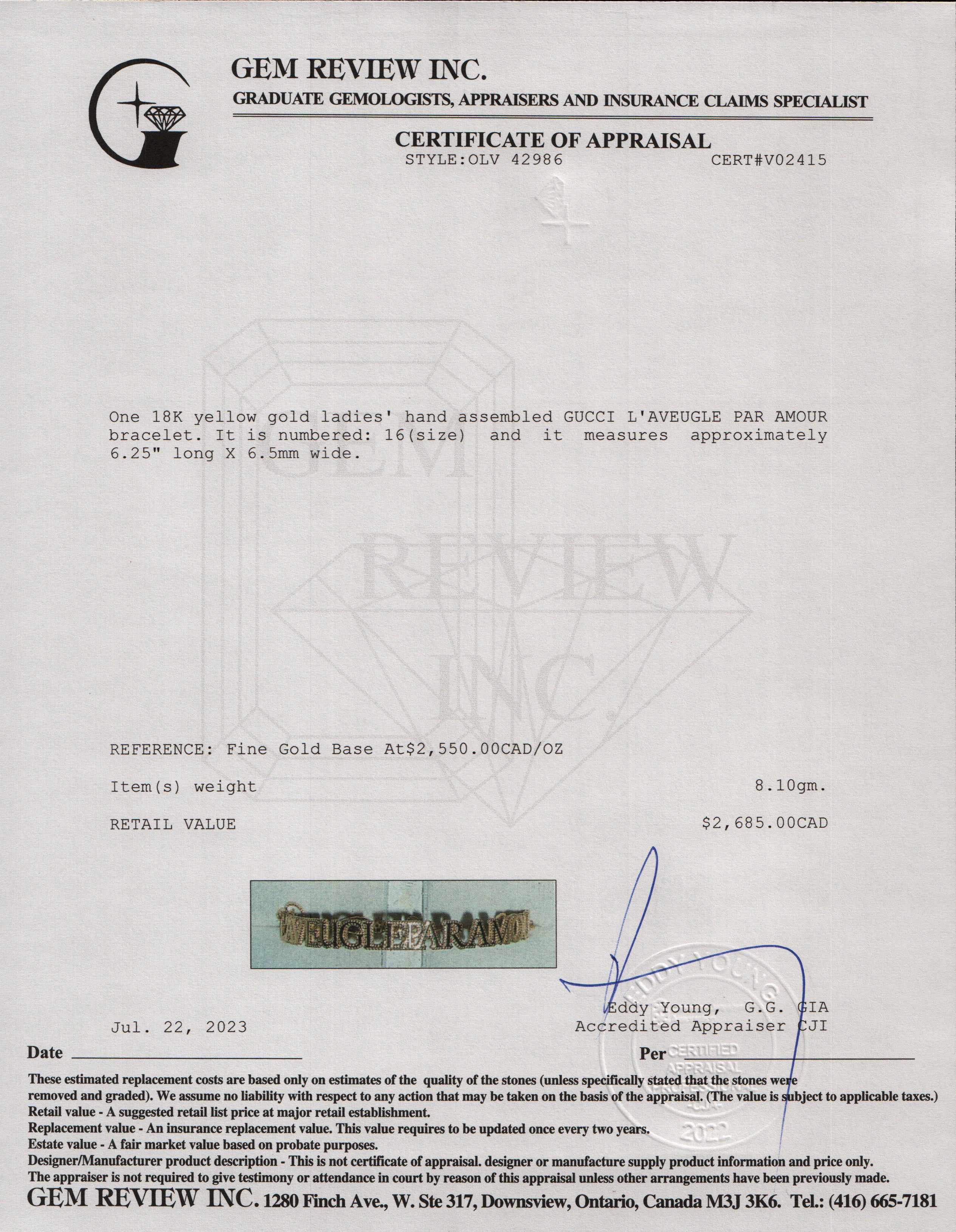 Gucci 18k Yellow Gold L'Aveugle Par Amour Bracelet