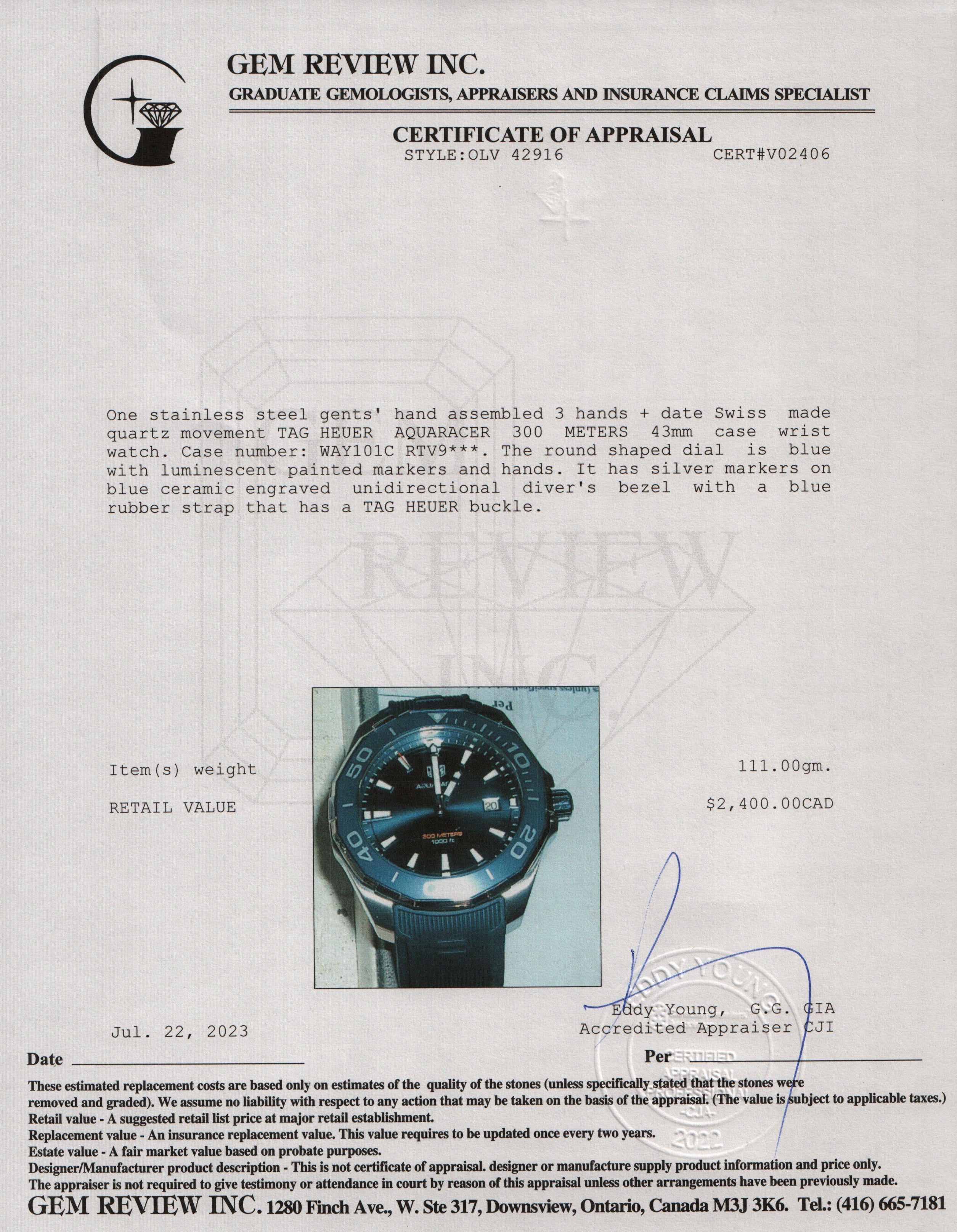 Tag Heuer Aquaracer 43 MM Watch w/ Box & Papers