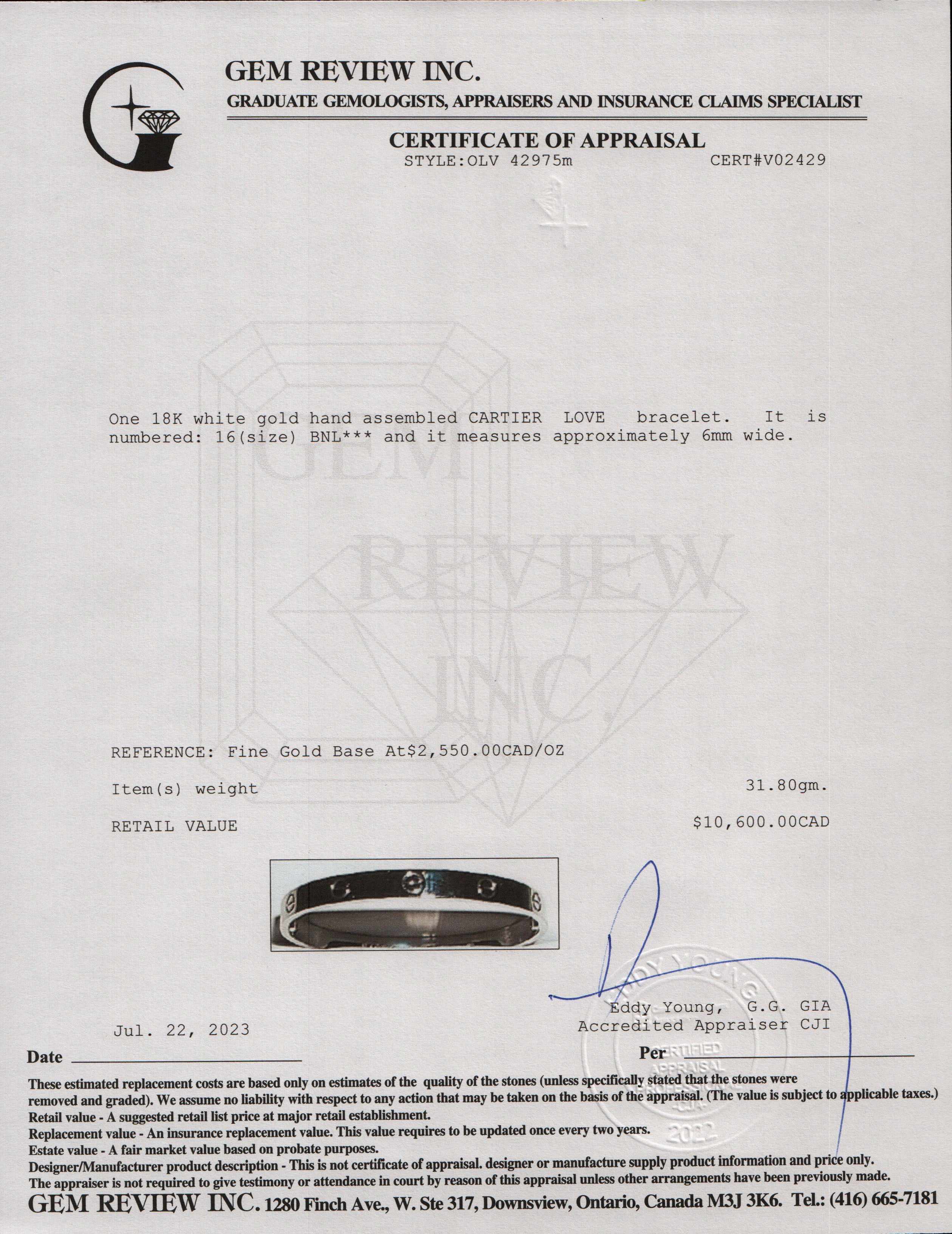 Cartier 18k White Gold Love Bracelet