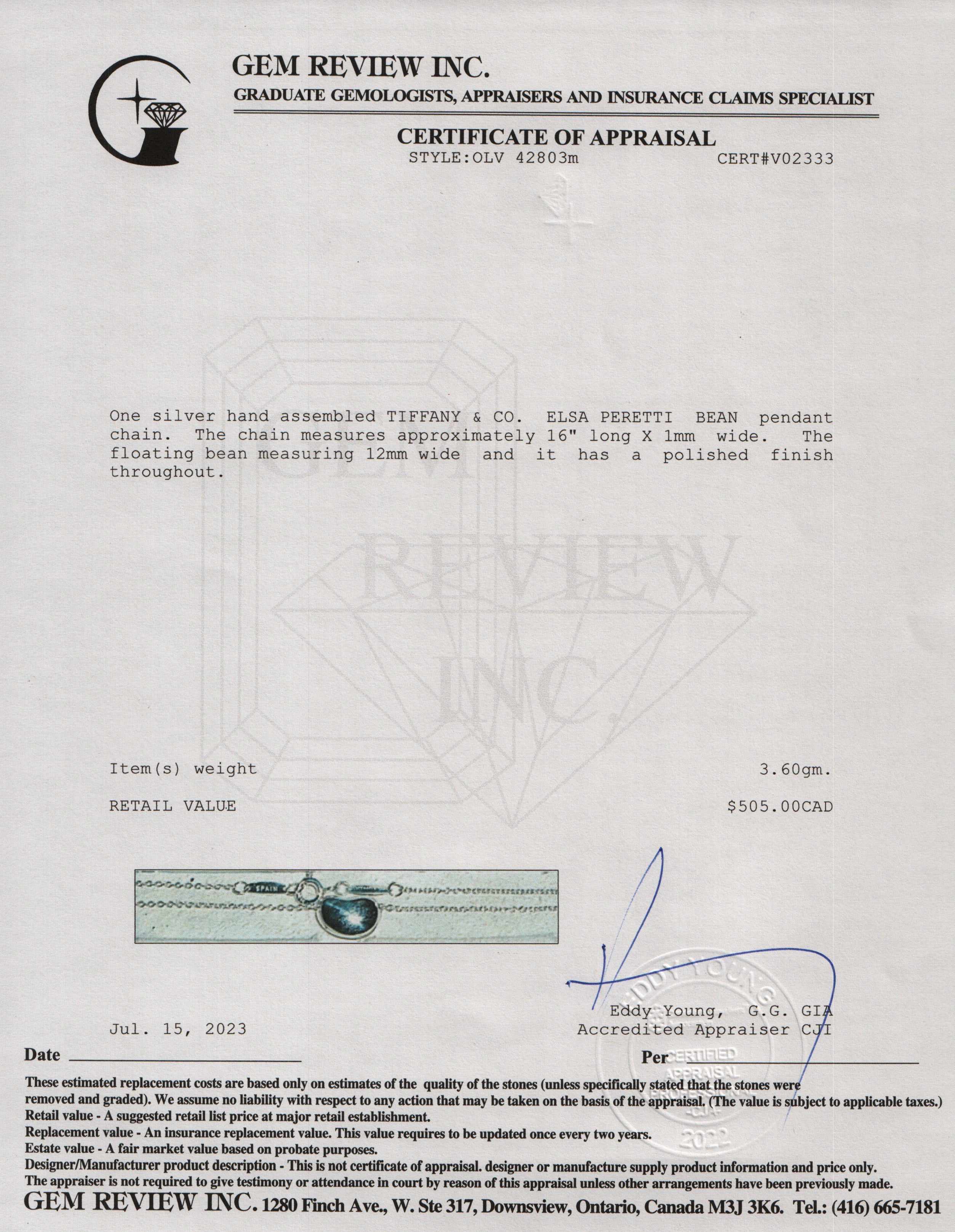 Tiffany & Co. Elsa Peretti 12 MM Bean Pendant Necklace