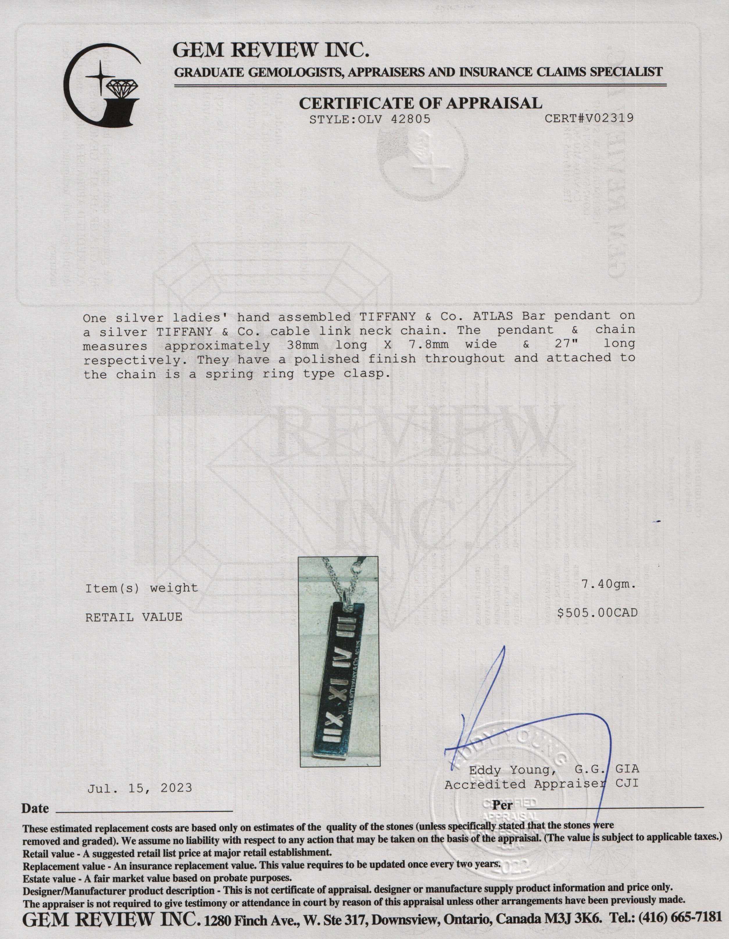 Tiffany & Co. Large Atlas Bar Pendant Necklace