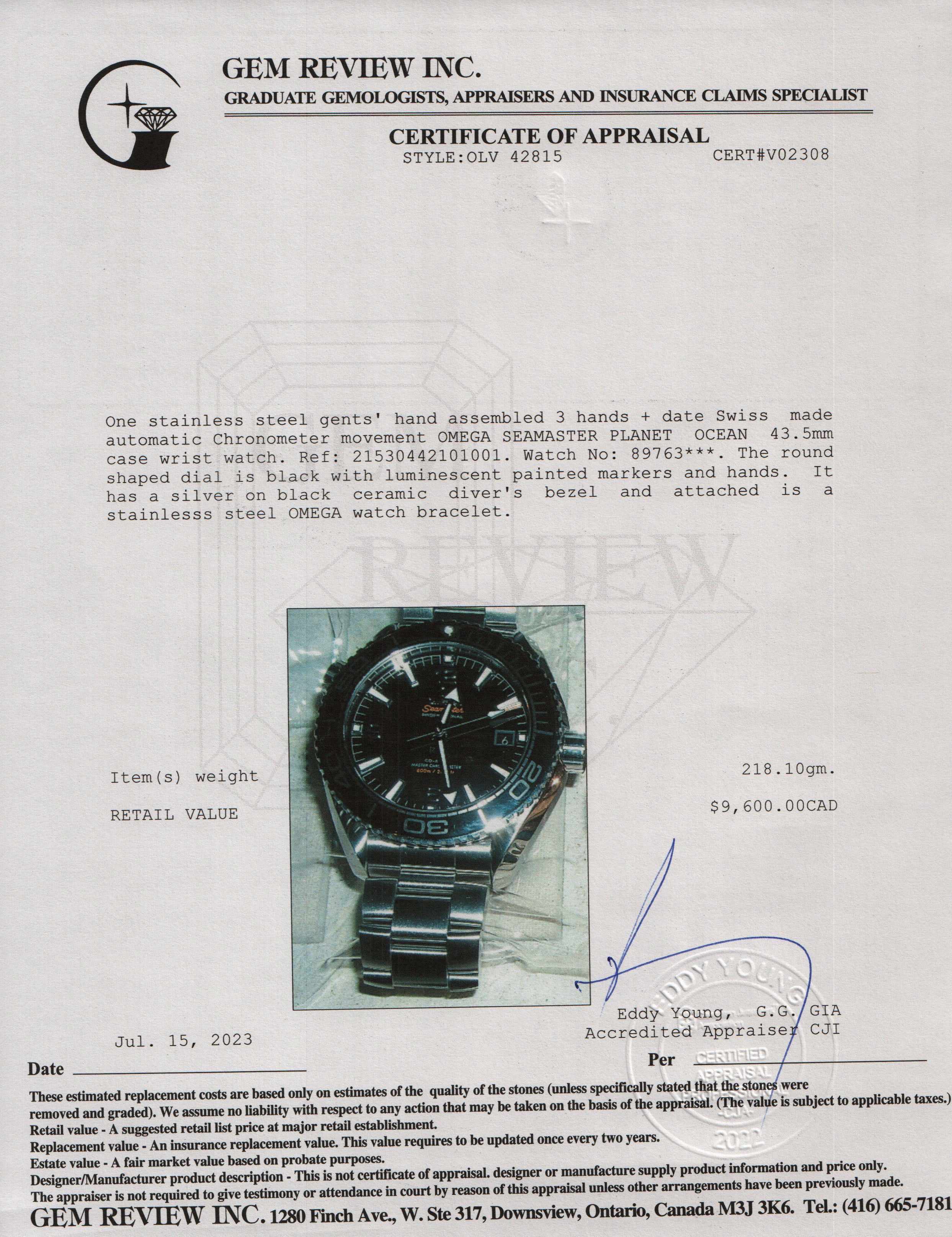 Omega Seamaster Planet Ocean Co-Axial Master Chronometer 43.5 MM Watch w/ Box & Papers