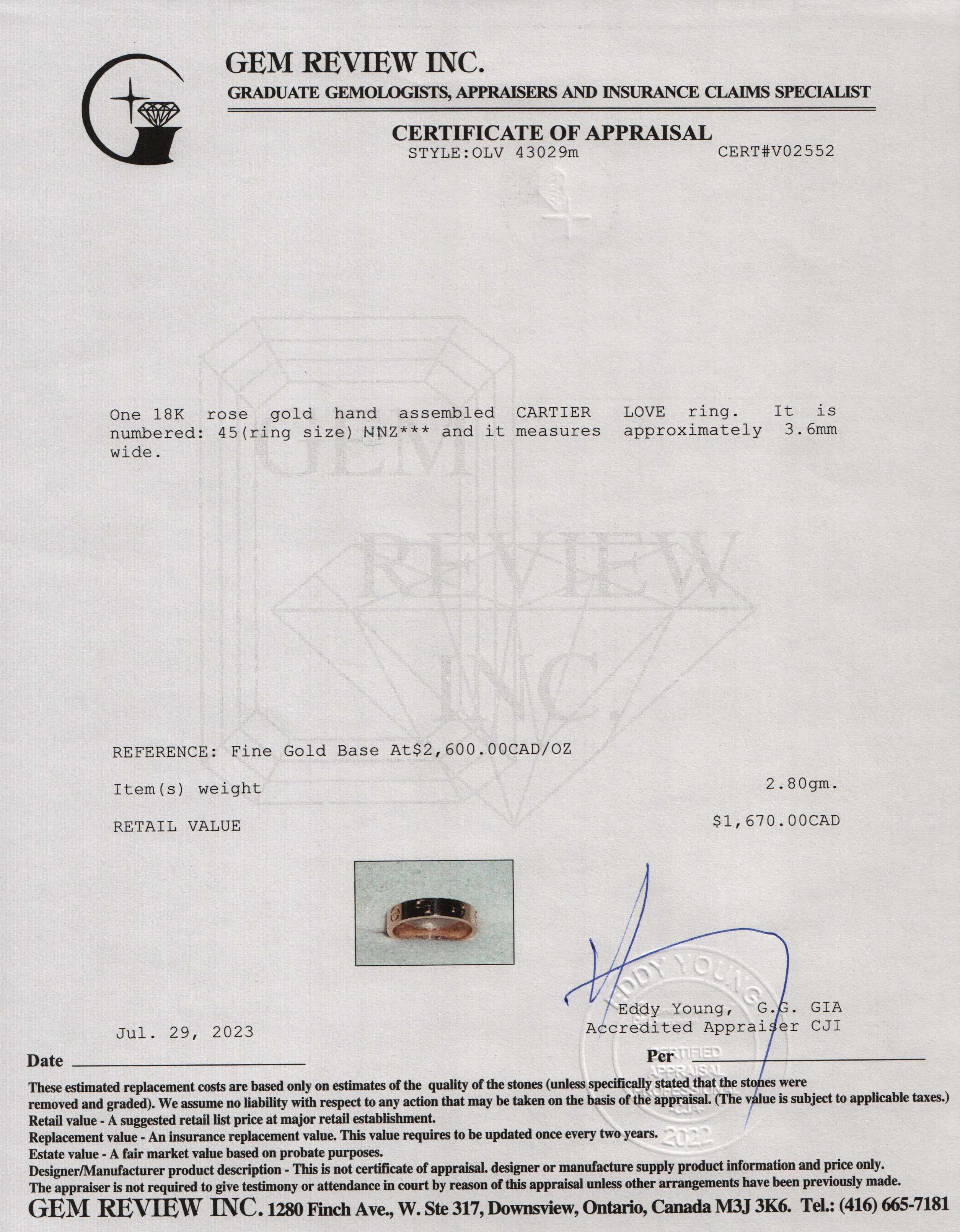 Cartier 18k Rose Gold 3.6 MM Love Wedding Band Ring