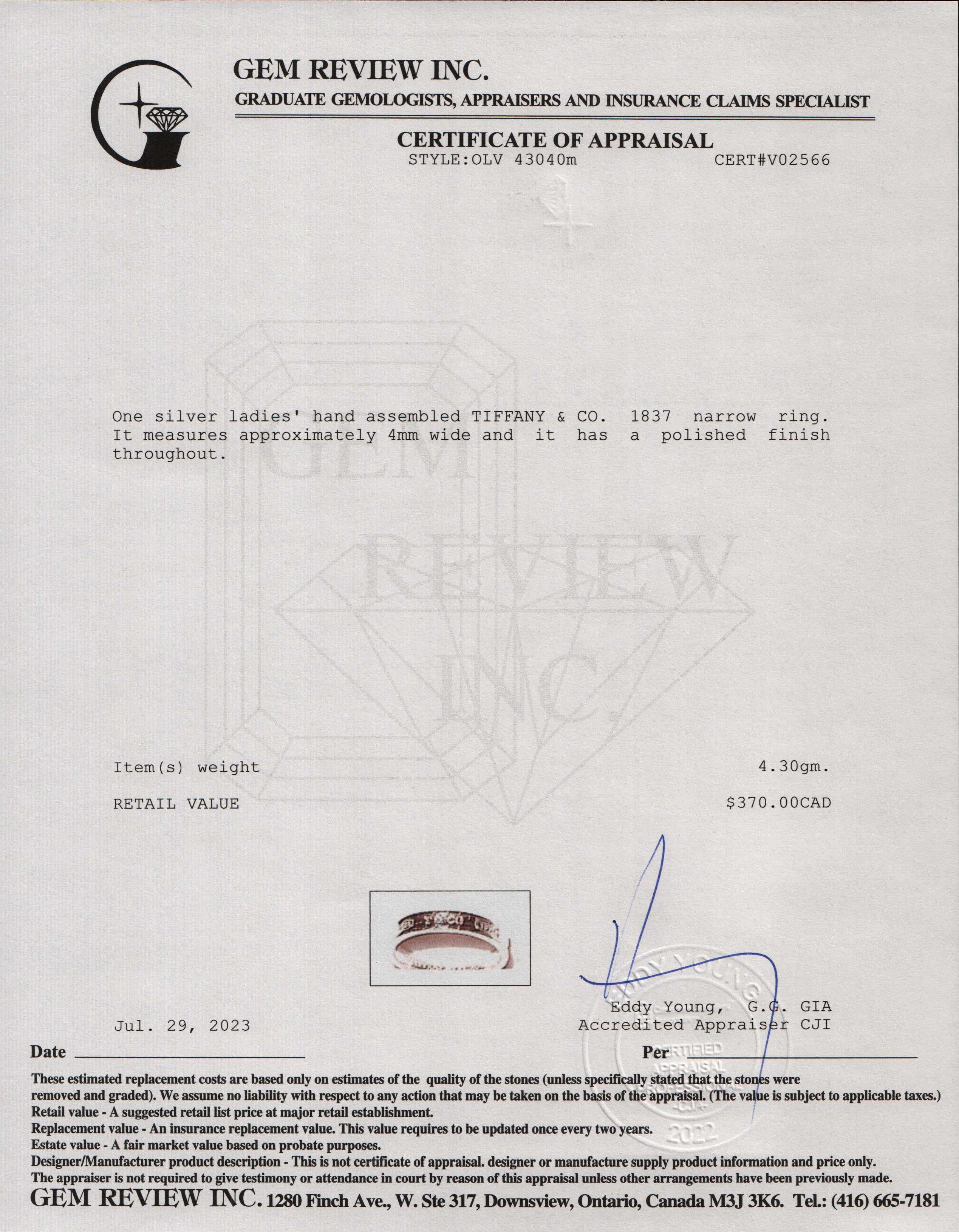 Tiffany & Co. Sterling Silver 1837 Narrow Ring