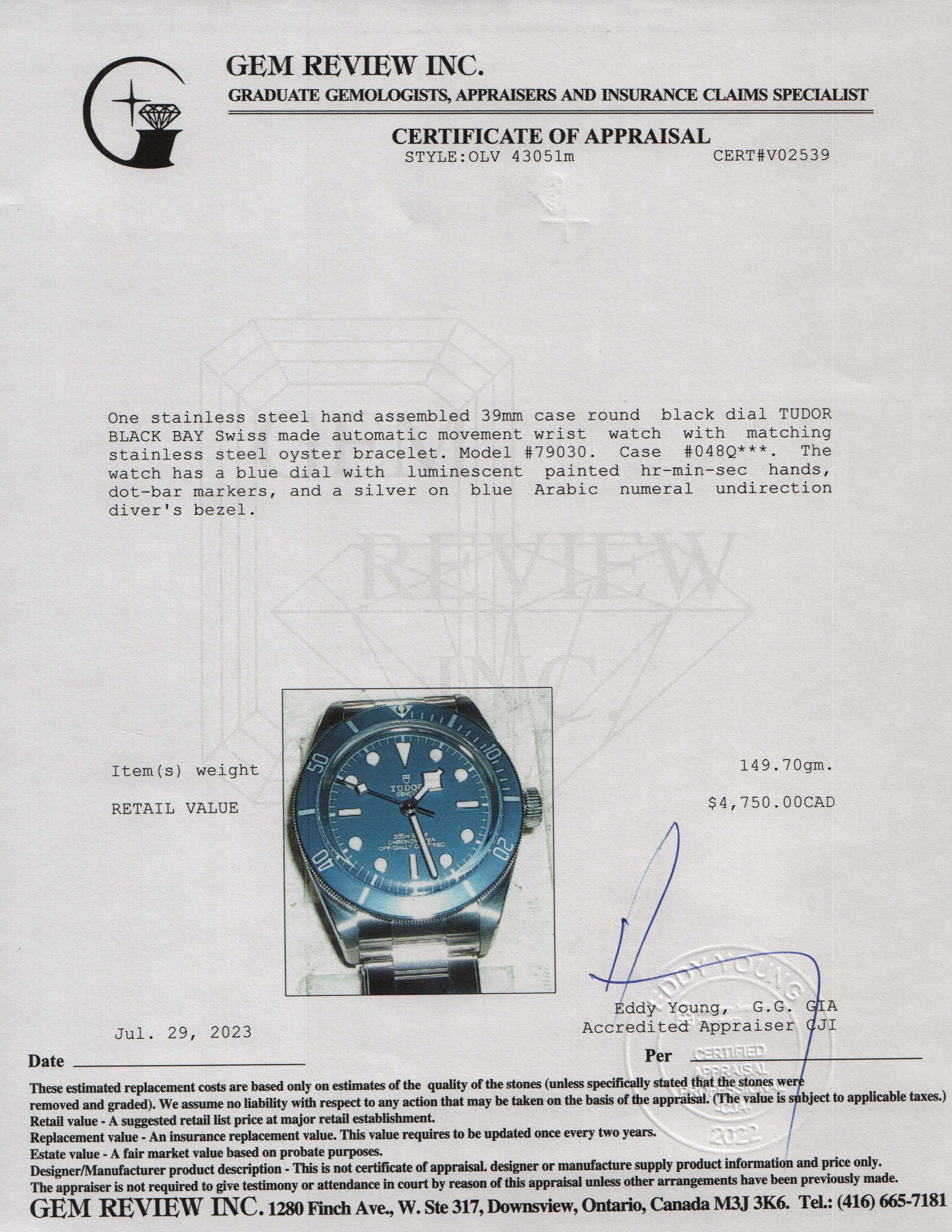 Tudor 2021 Black Bay Fifty-Eight 39 MM Watch w/ Box & Papers