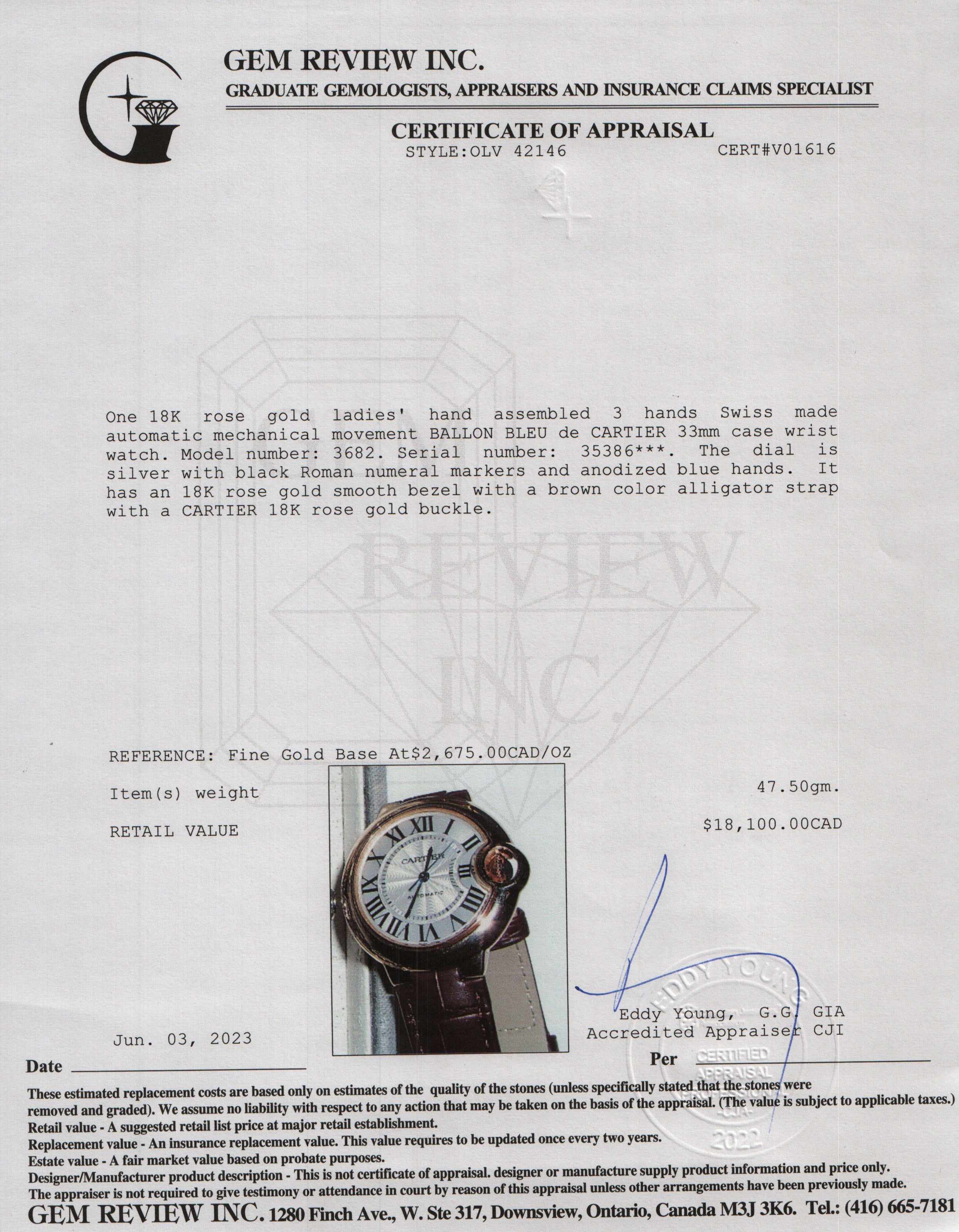 Cartier 18k Rose Gold Ballon Bleu de Cartier 33 MM Watch w/ Box & Papers