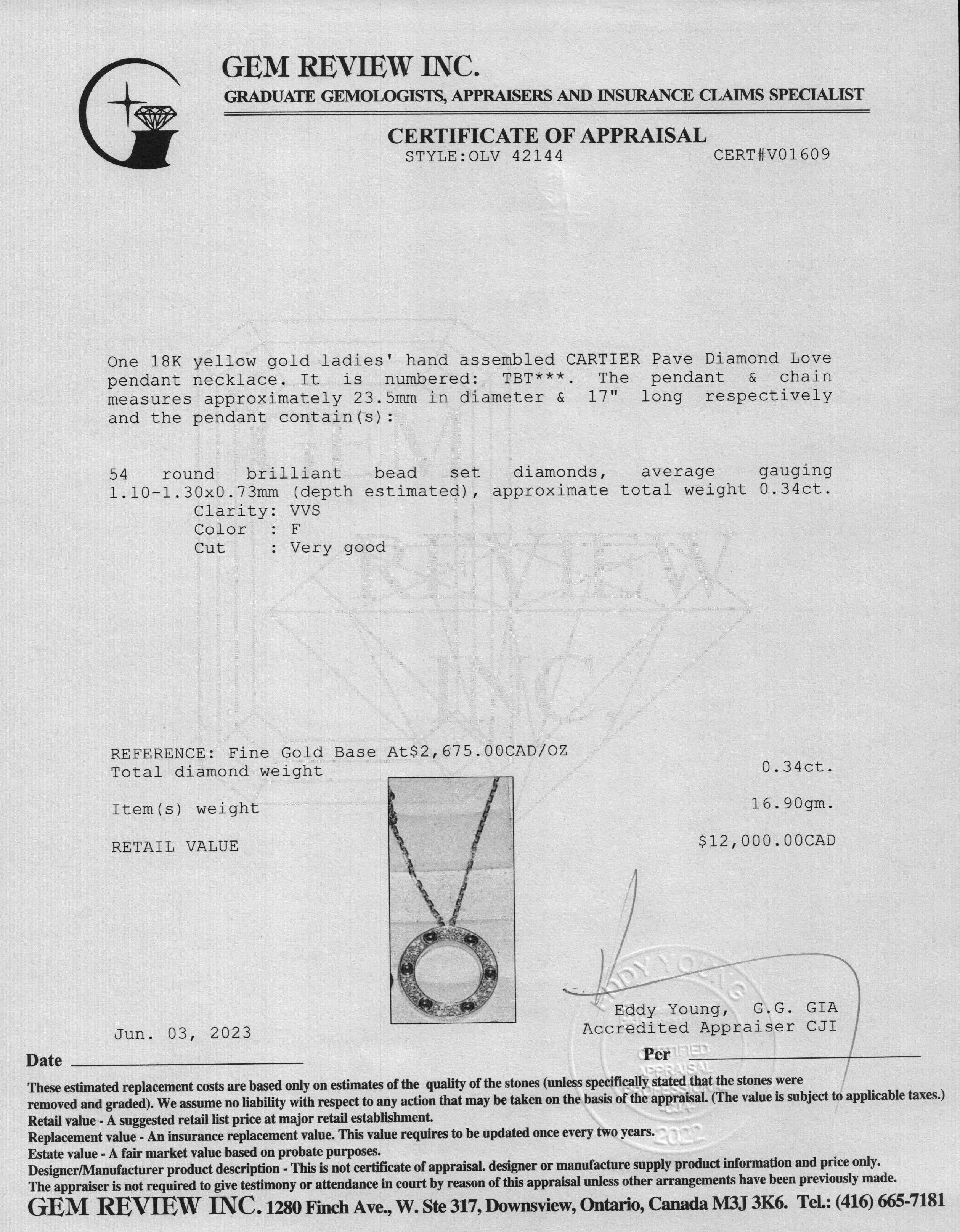 Cartier 18k Yellow Gold Pave Diamond Love Pendant Necklace w/ Box & Certificate