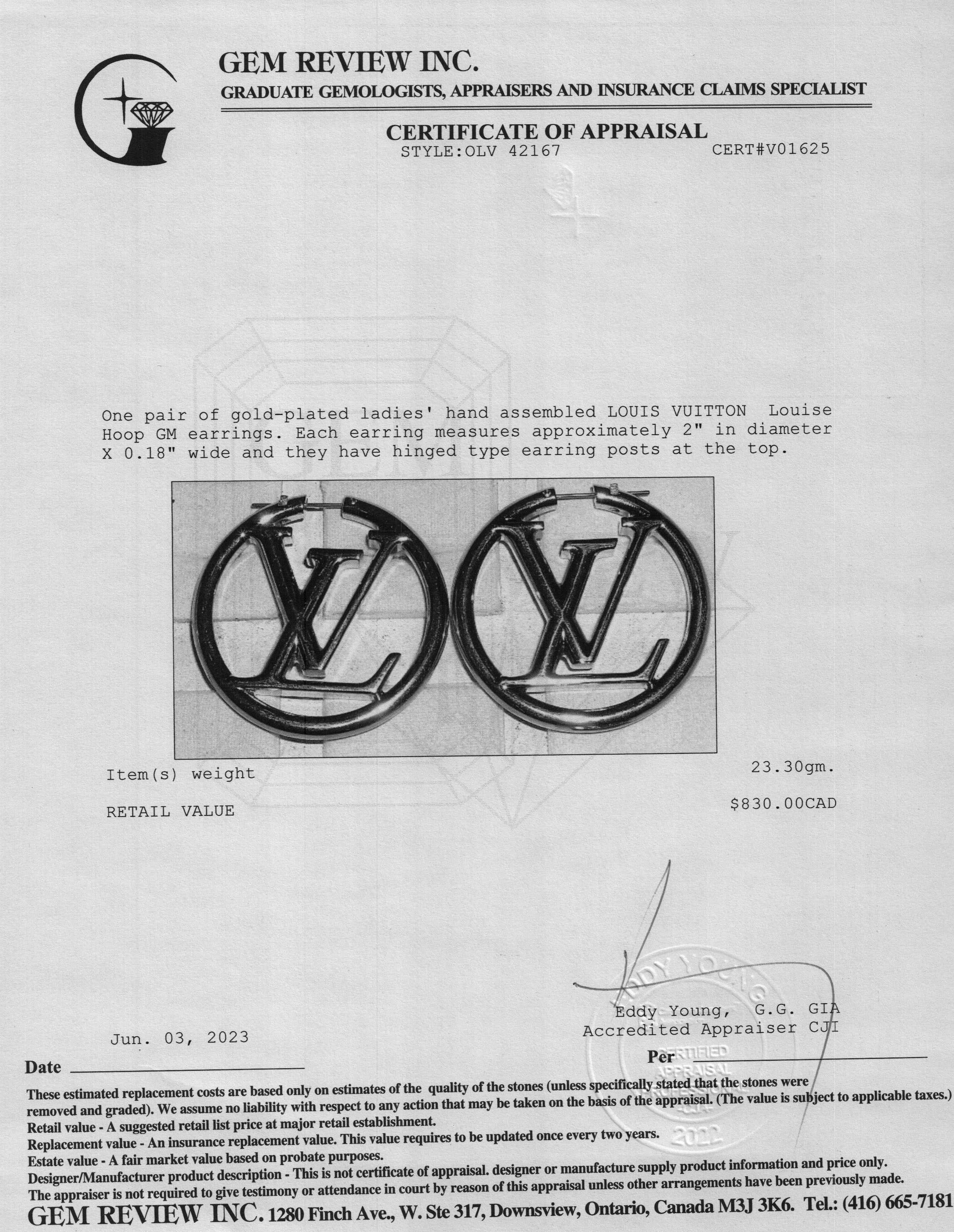 Louis Vuitton 2022 LV Louise Hoop GM Earrings w/ Box & Receipt