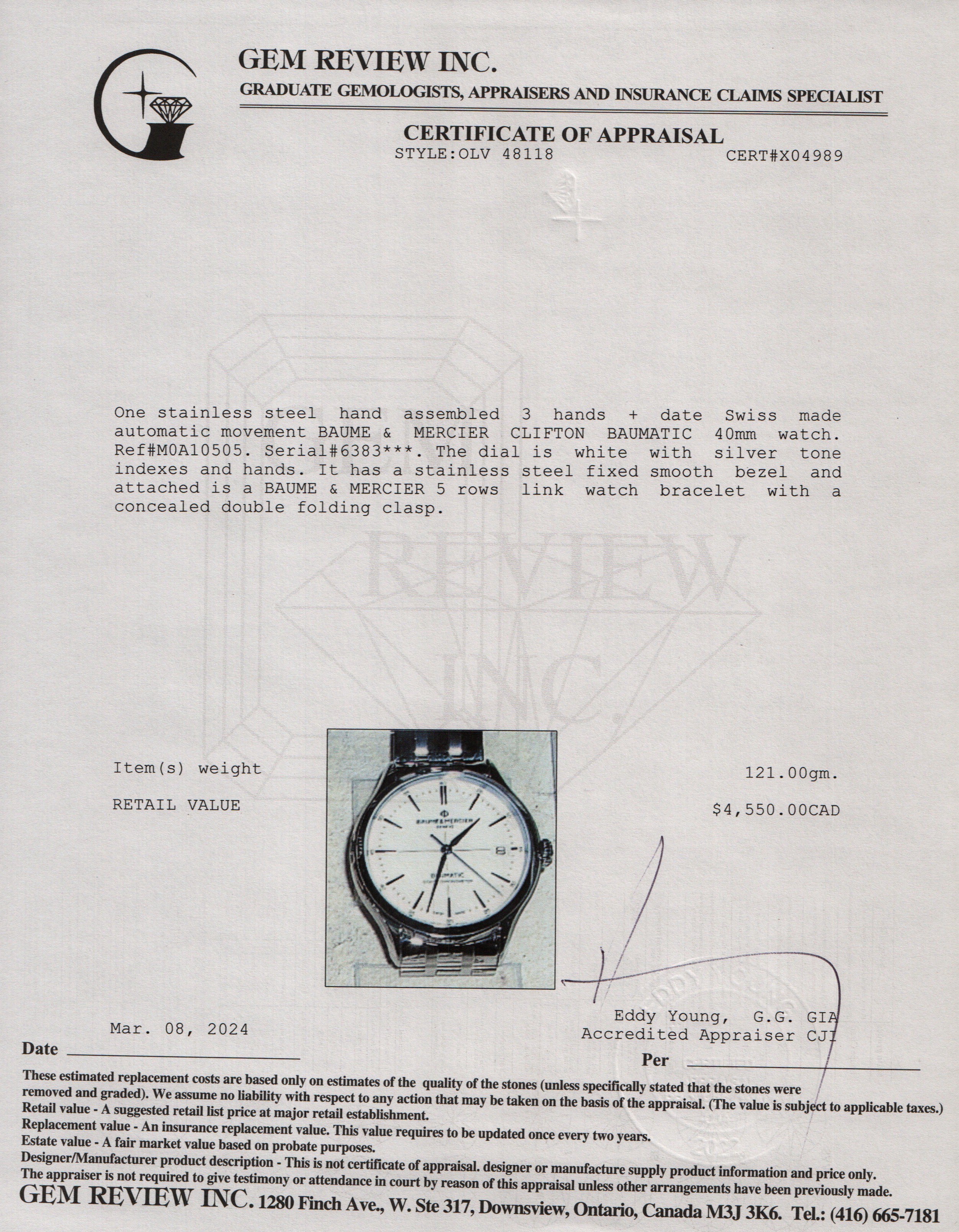 Baume & Mercier 2023 Stainless Steel Clifton 40 MM Automatic Watch w/ Box & Papers