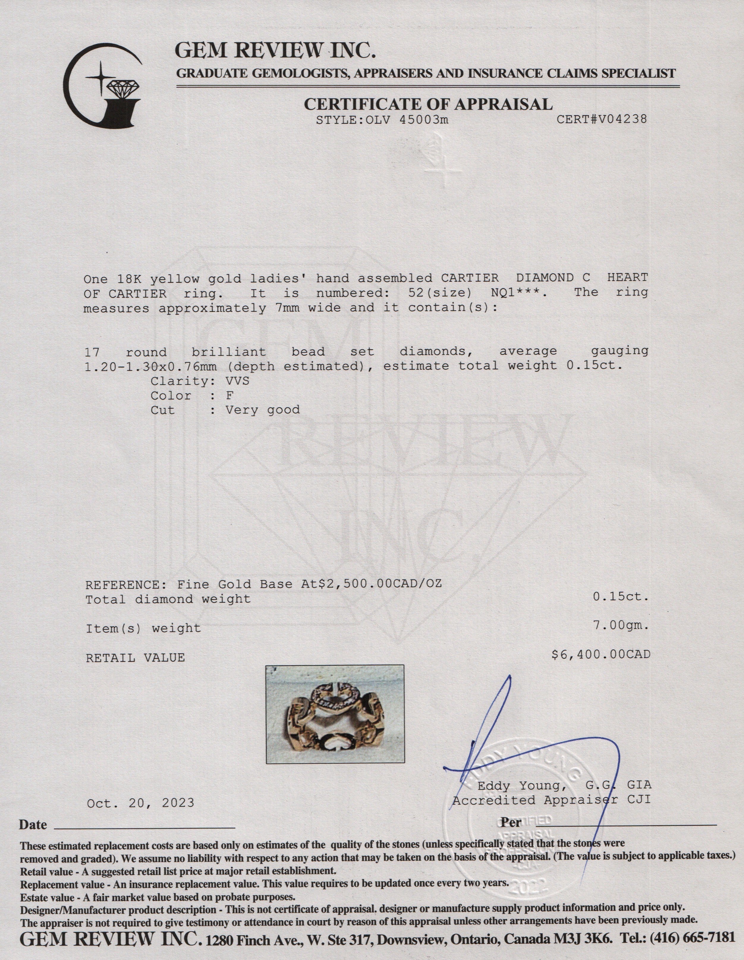 Cartier 18k Yellow Gold Diamond C Heart of Cartier Ring, Size 52 6