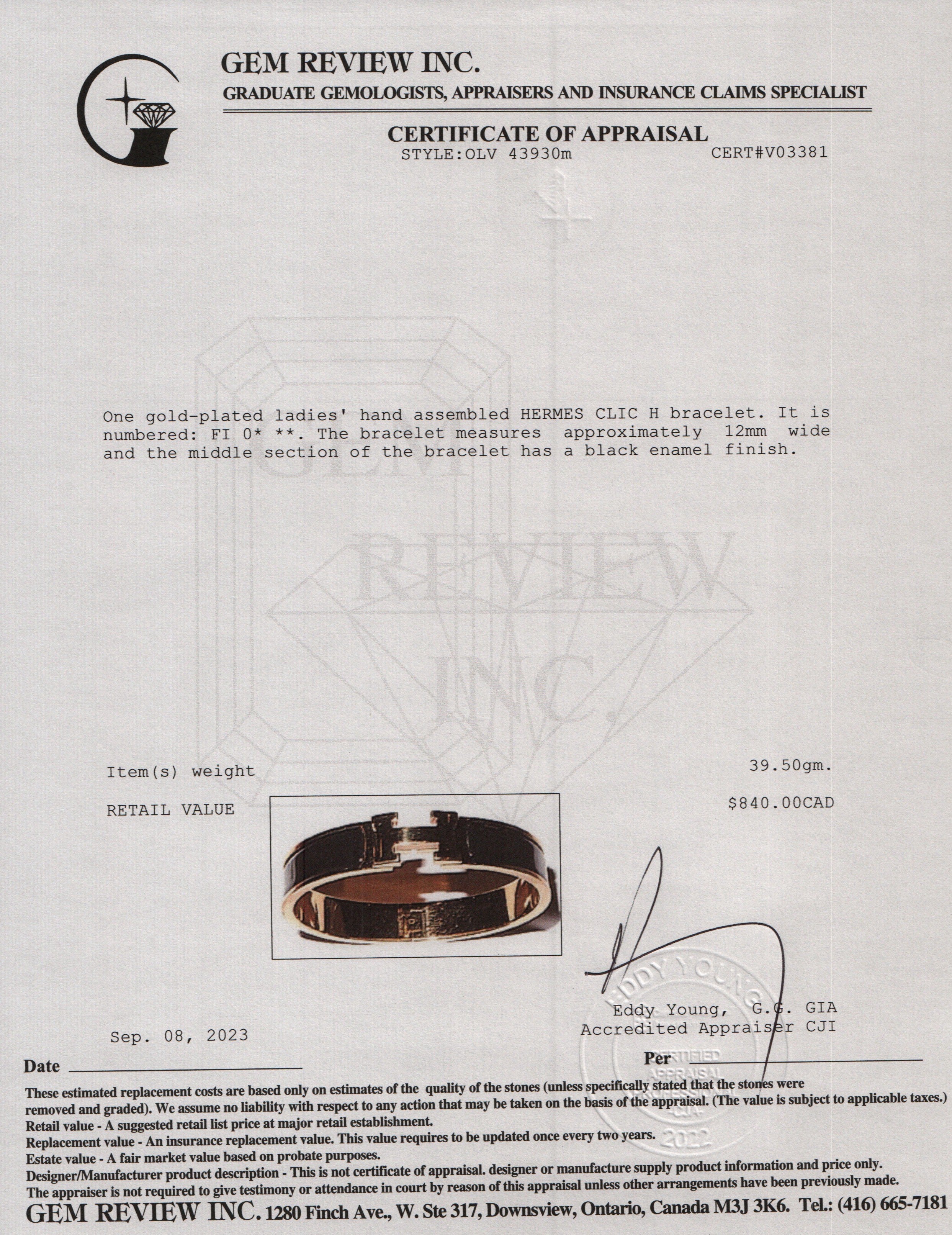 Hermes Gold-Plated Black Enamel 12 MM Clic H Bracelet