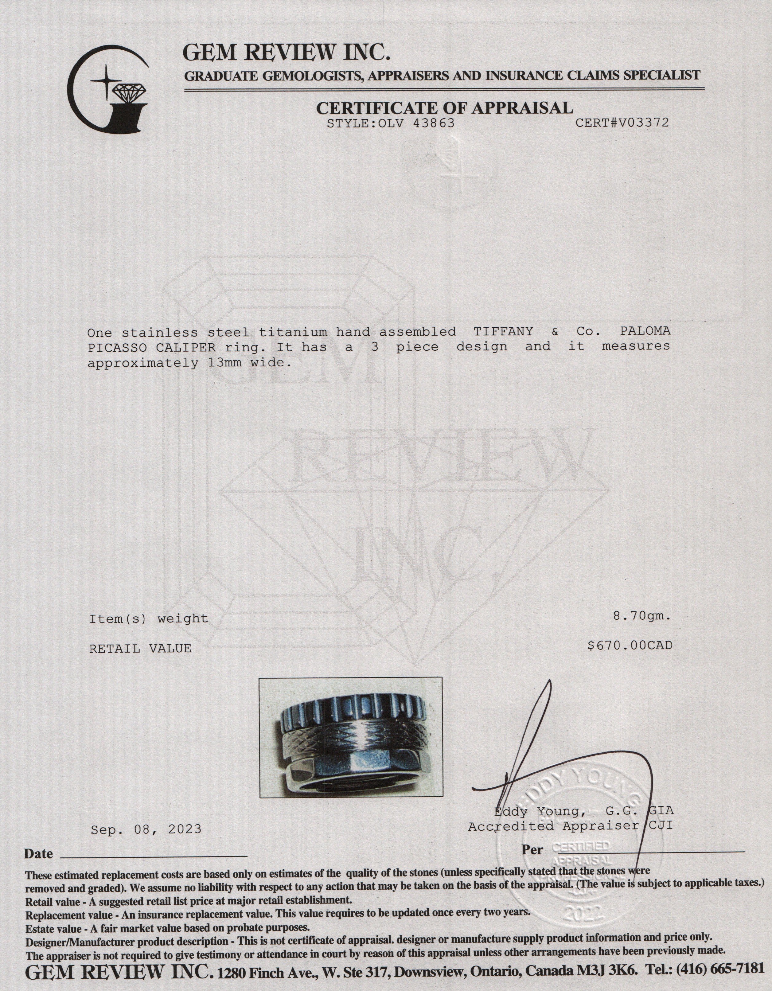 Tiffany & Co. Paloma Picasso Stainless Steel & Titanium Caliper Ring, Size 10.25