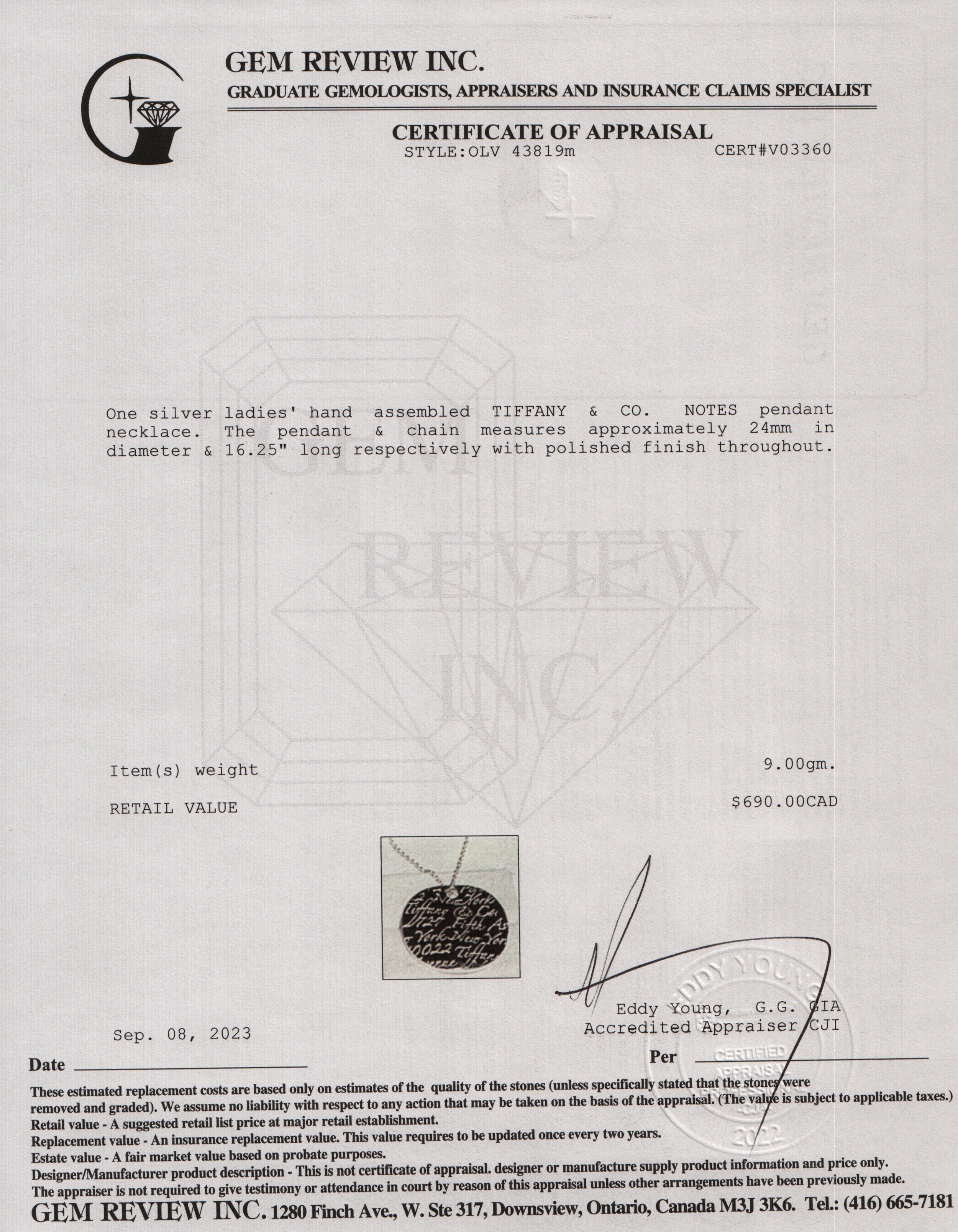 Tiffany & Co. Sterling Silver Small Notes Round Pendant Necklace