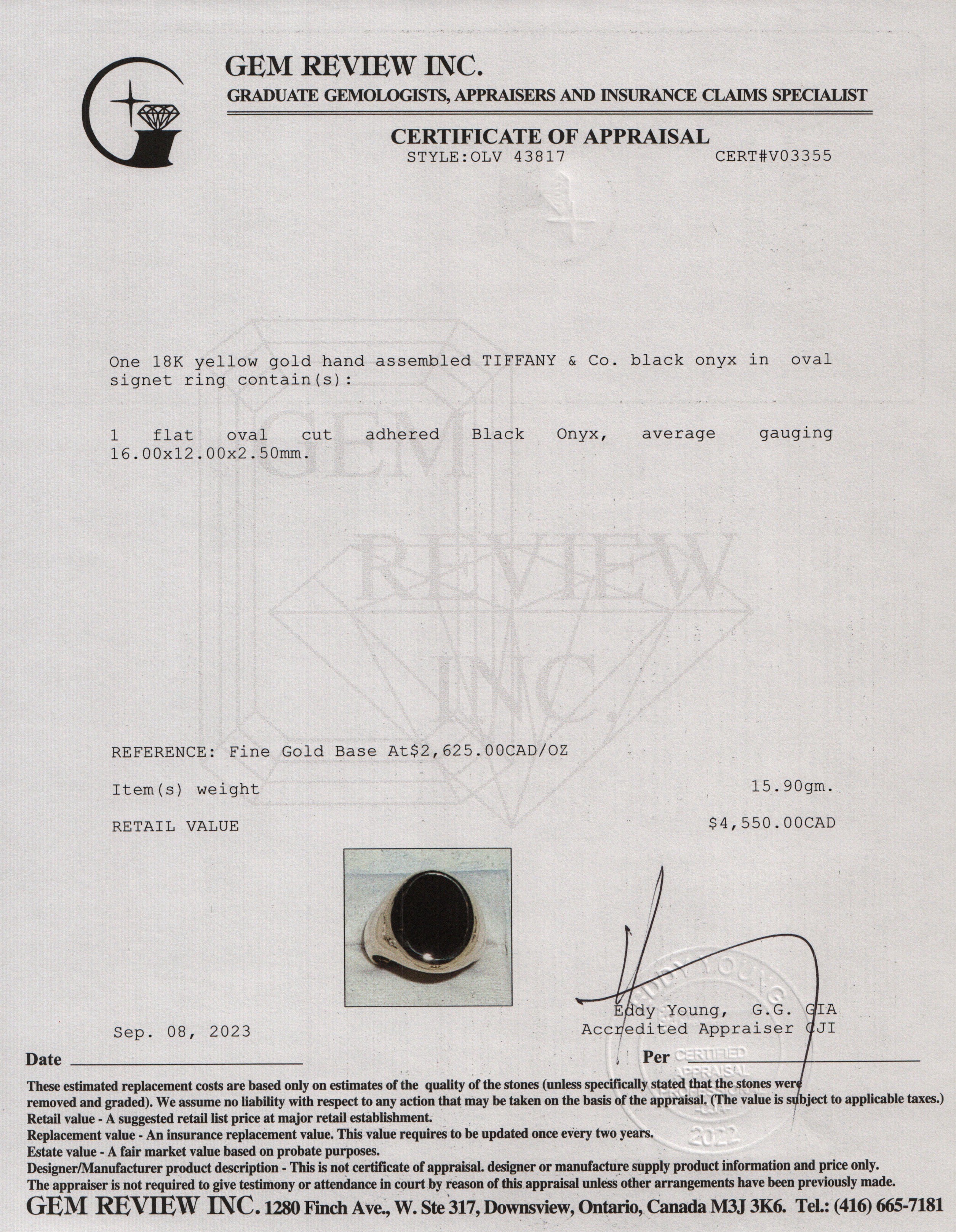 Tiffany & Co. 18k Yellow Gold Onyx Oval Signet Ring, Size 8.25 w/ Box