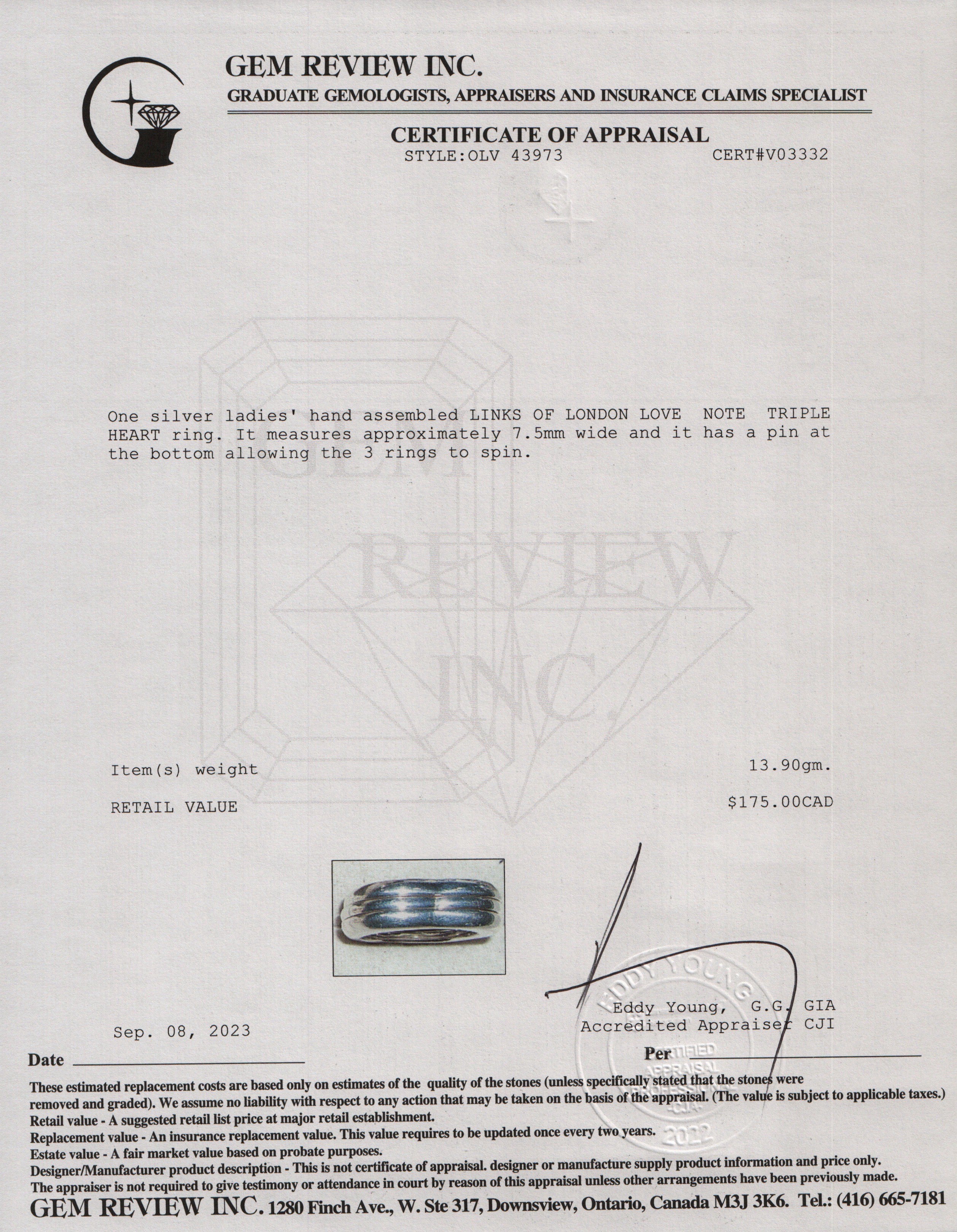 Links of London Sterling Silver Love Note Triple Heart Ring, Size 7.5