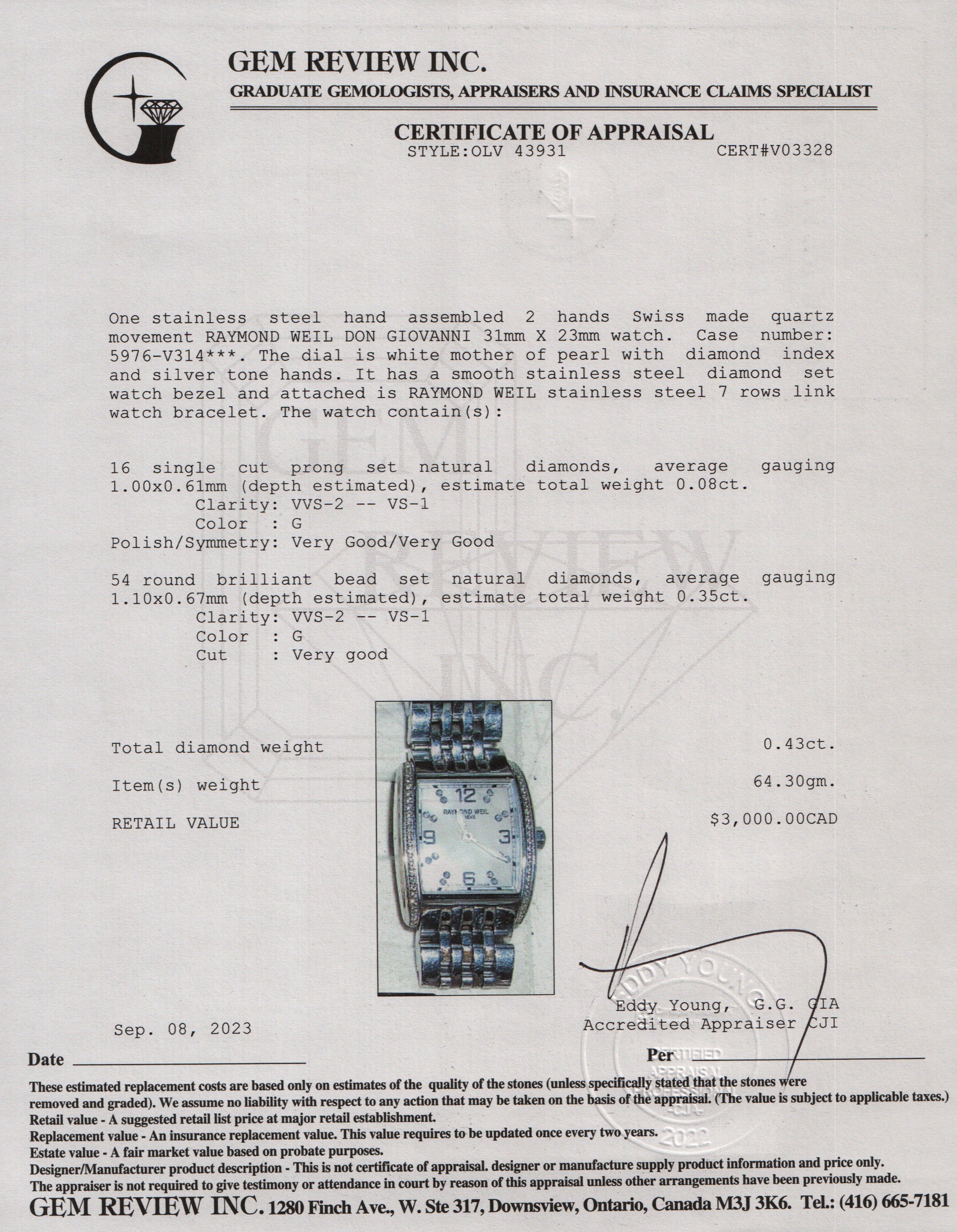 Raymond Weil Stainless Steel Diamond Bezel & Dial Don Giovanni 23 MM Watch