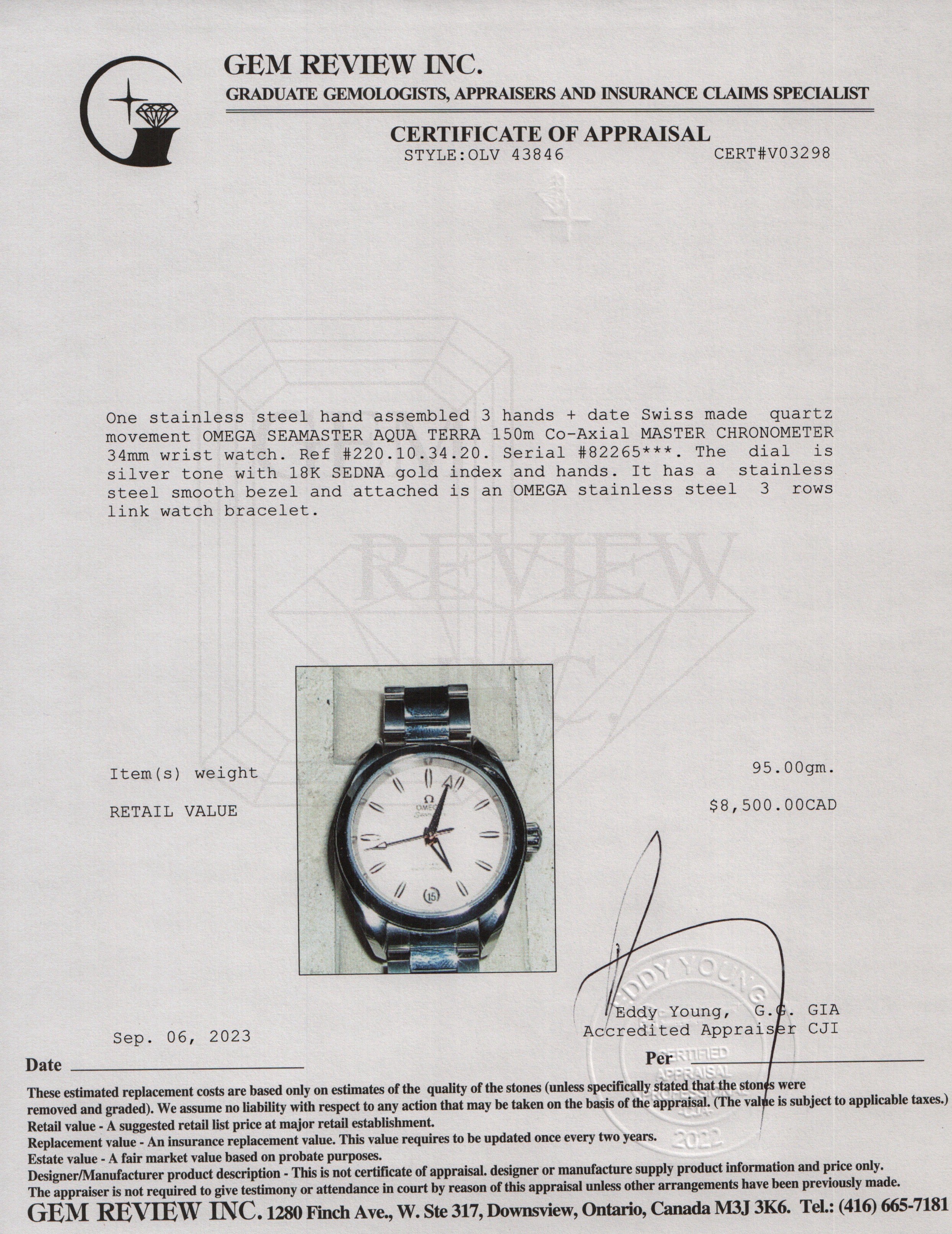 Omega Seamaster Aqua Terra Master Chronometer 34 MM Watch w/ Box