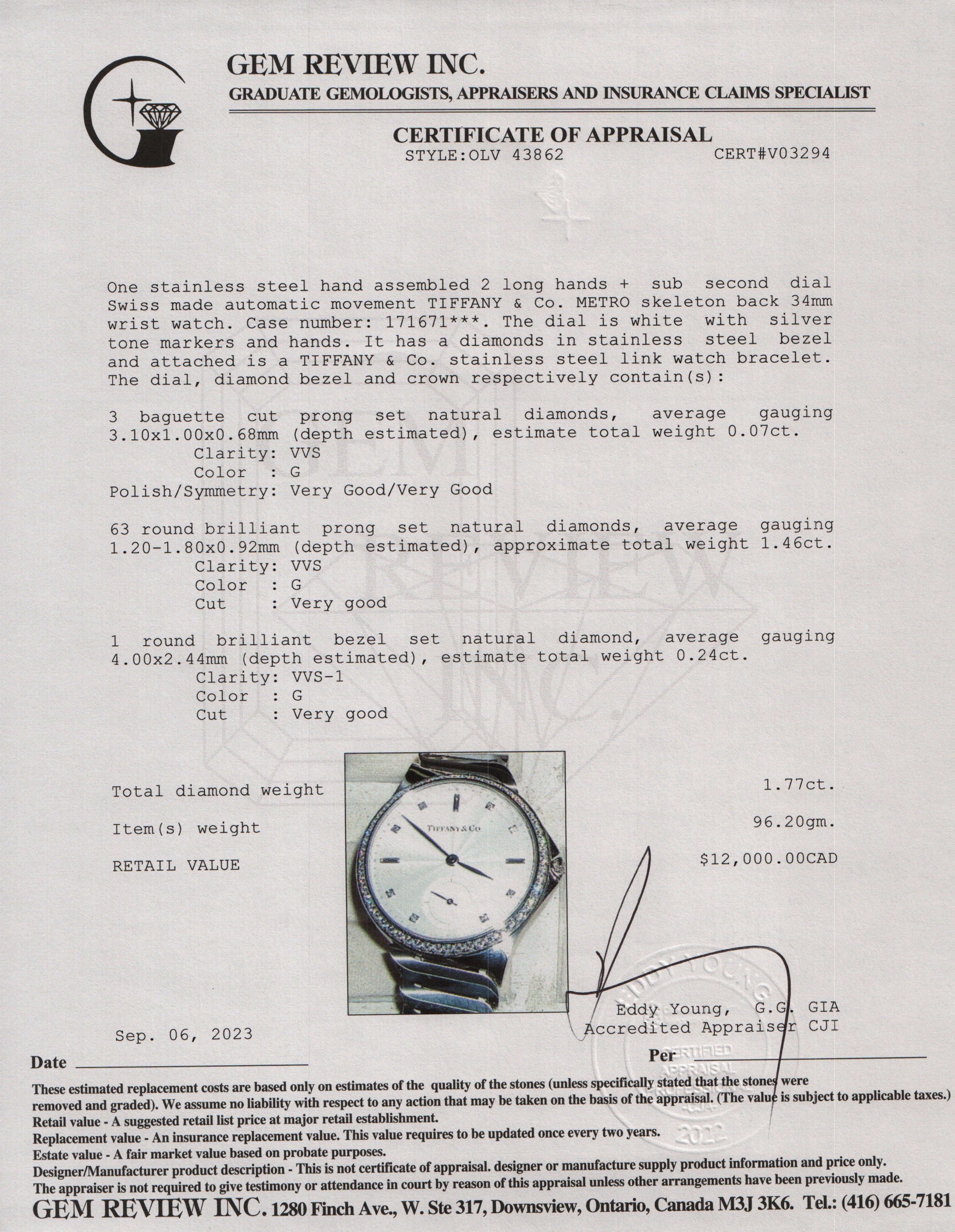 Tiffany & Co. Stainless Steel Metro Diamond Bezel & Dial 34 MM 3-Hand Automatic Watch w/ Box & Papers